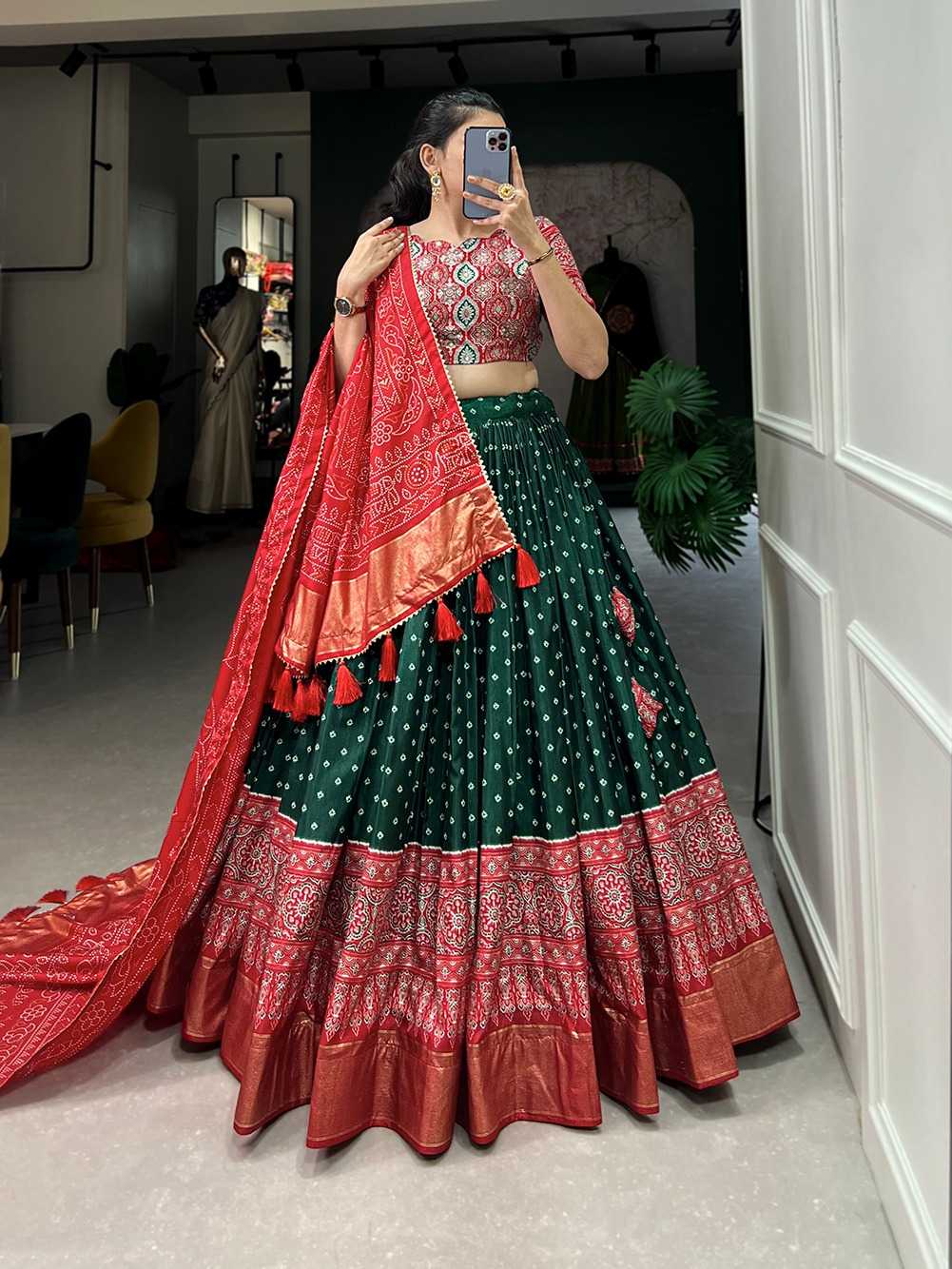pr lnb1686 traditional bandhani print stitched lehenga with unstitch blouse dupatta