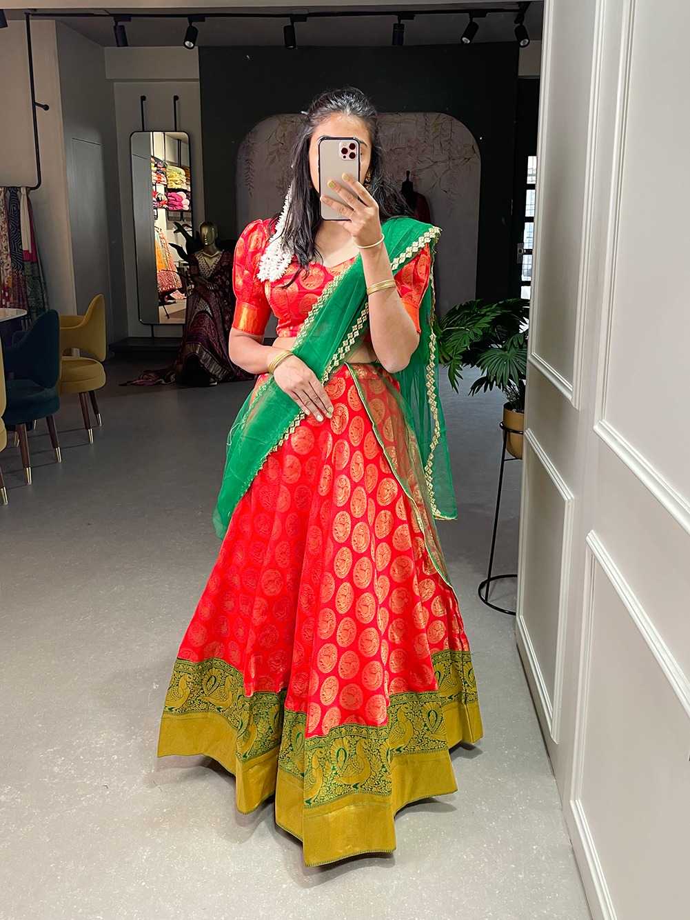 pr lnb2008red traditional wear single design stitched lehenga with unstitch blouse dupatta