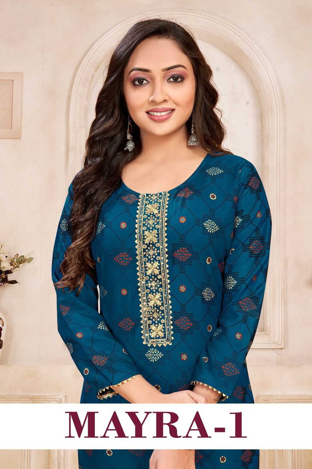 pr mayra vol 1 stitched gold print straight kurti in plus sizes