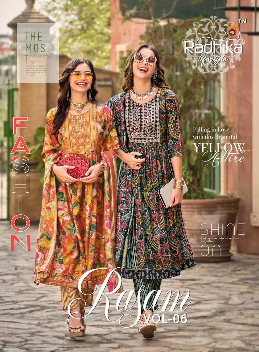 rasam vol 6 by radhika lifestyle fancy readymade nayra cut 3pcs set catalog