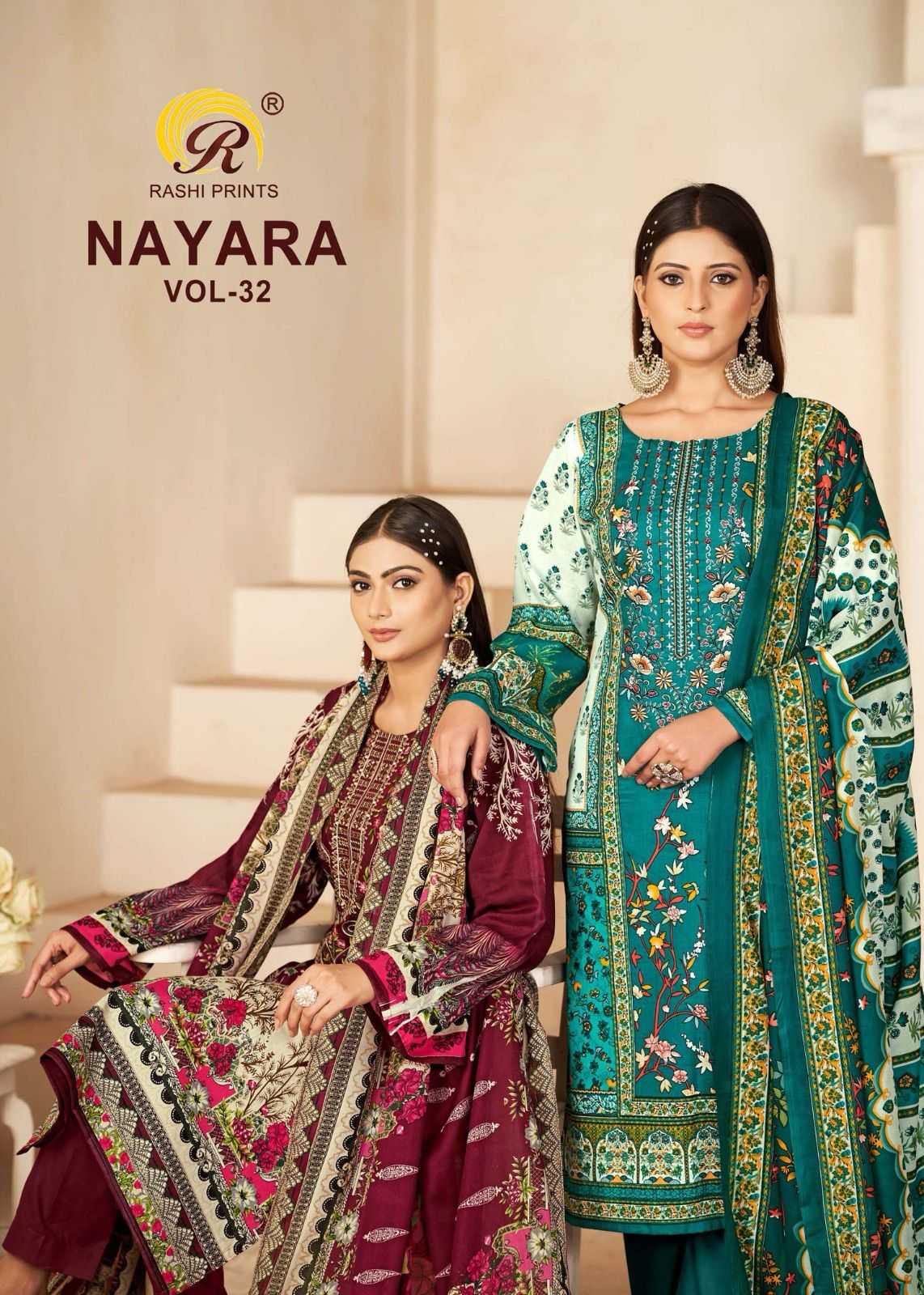rashi print nayara vol 32 pakistani cotton unstitch salwar kameez with mul dupatta