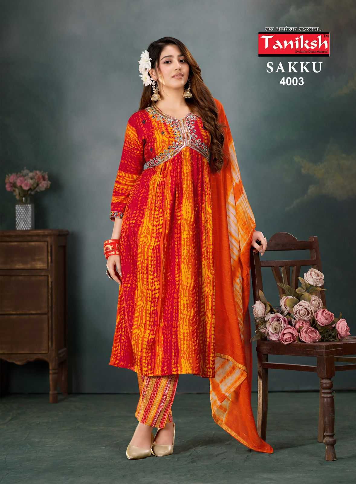 sakku vol 4 by taniksh amazing fancy work alia cut kurti with pant and dupatta
