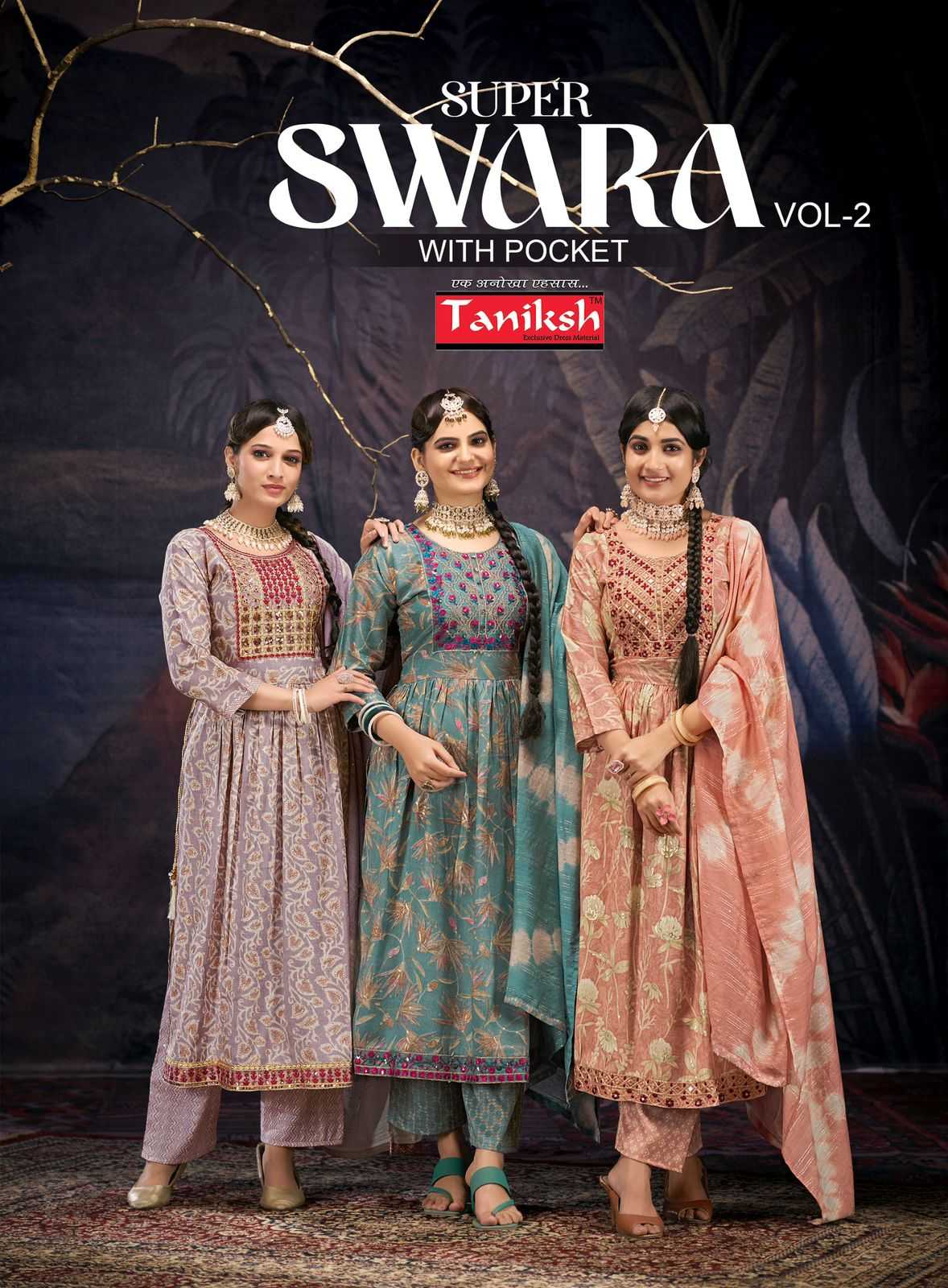 super swara vol 2 by taniksh fancy handwork nayra cut kurti with pant and dupatta catalog
