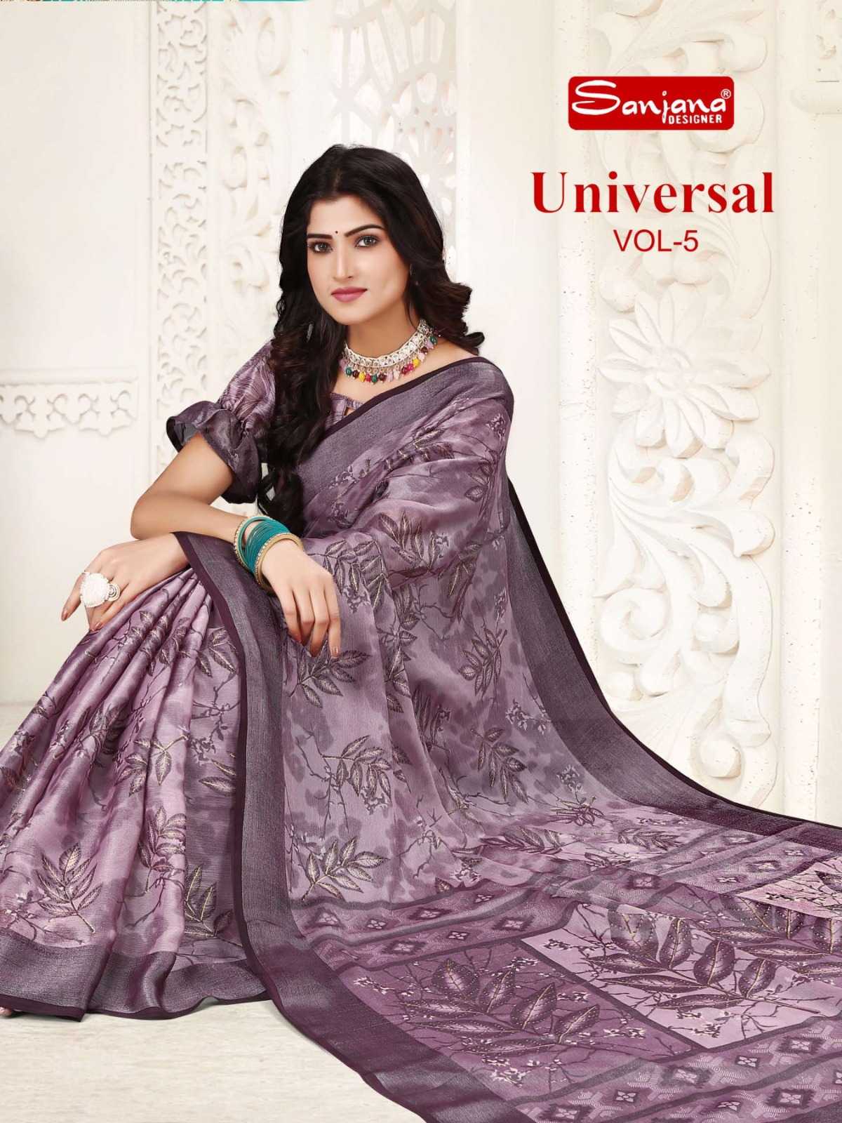 universal vol 5 by sanjana designer adorable fancy brasso foil sarees catalog