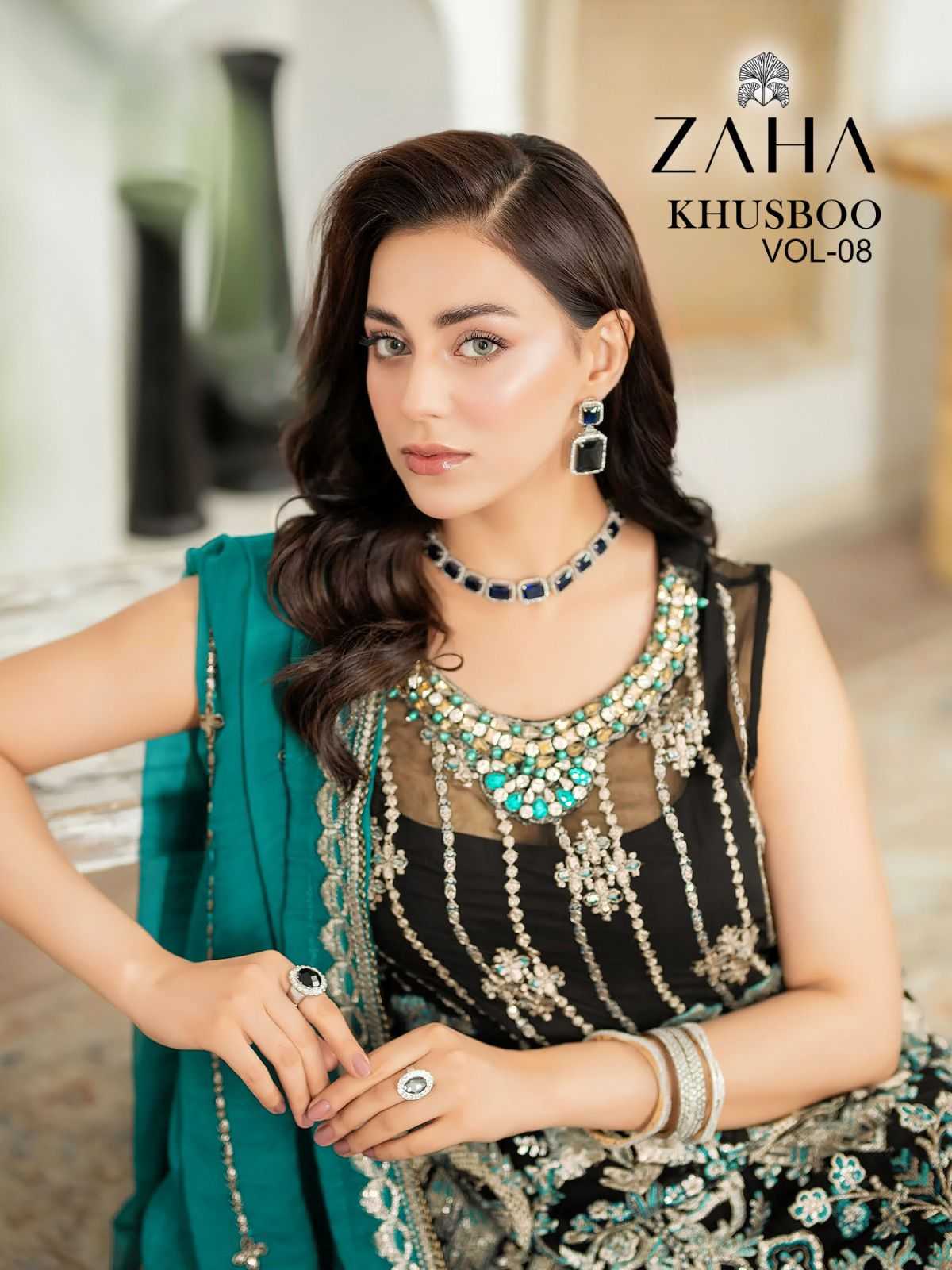 zaha khusboo vol 8 eid special designer pakistani embroidery unstitch ladies suit