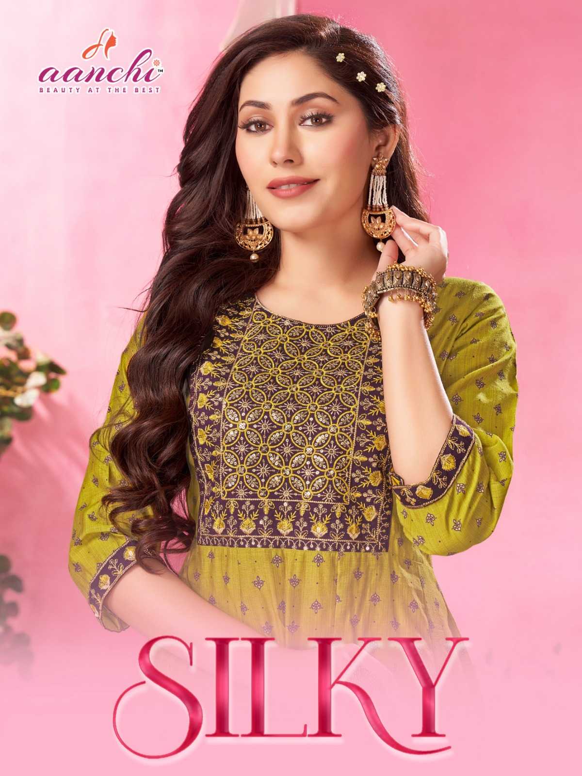 aanchi silky stitch flair kali cut long kurti catalog