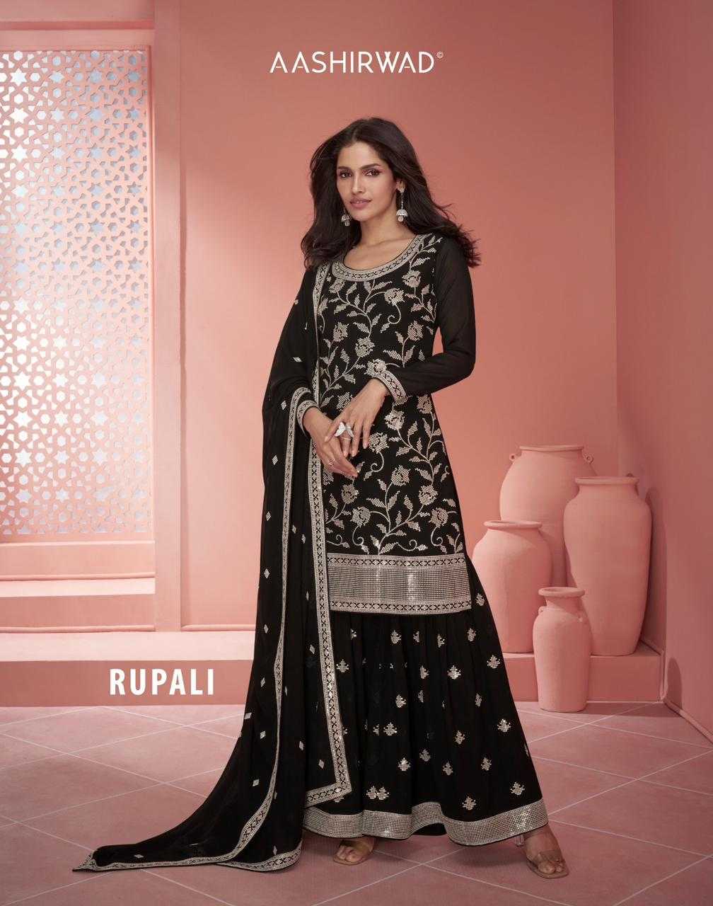 aashirwad creation rupali designer readymade black white kurti dupatta plazo set