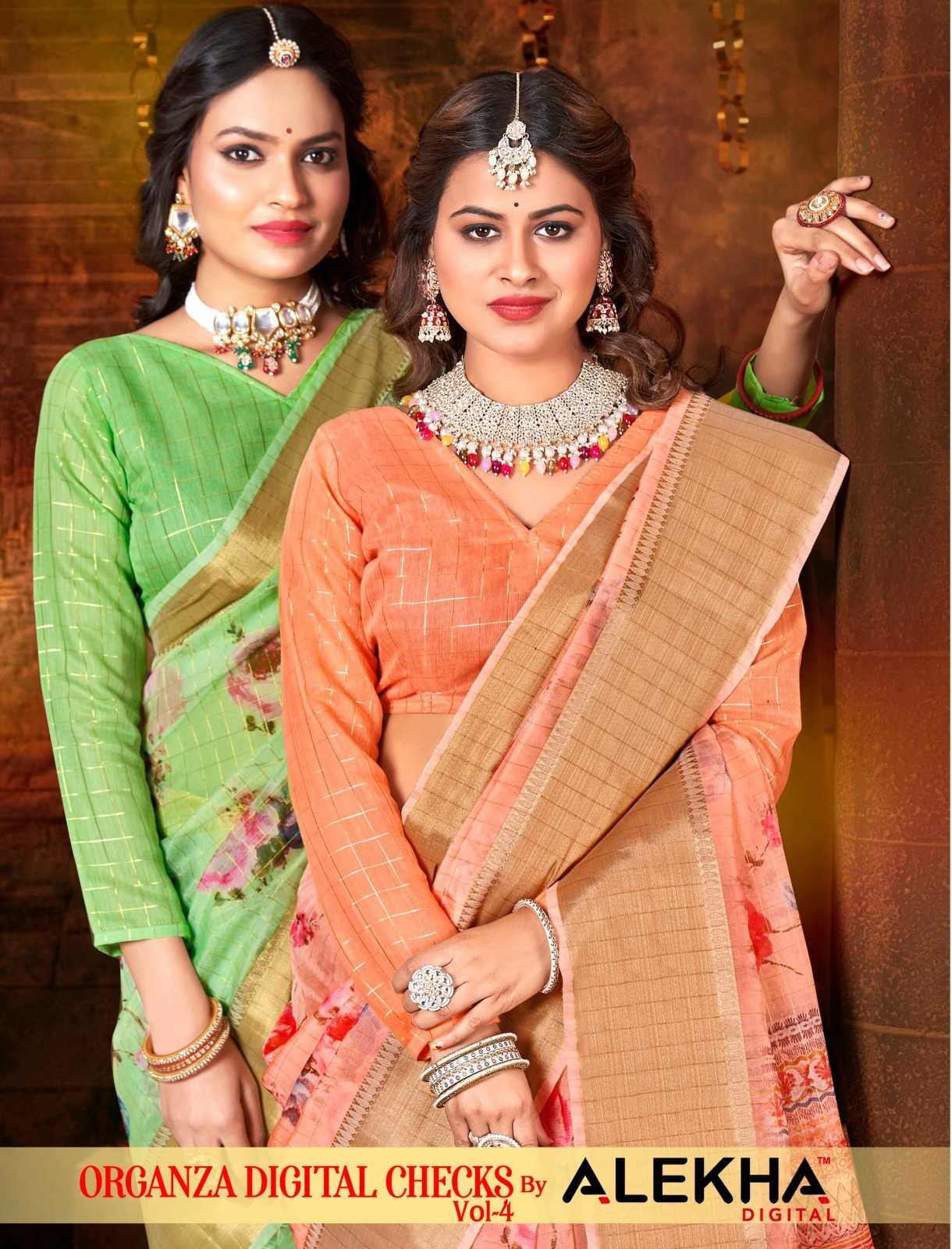 alekha organza digital checks vol 4 beautiful function sarees catalog
