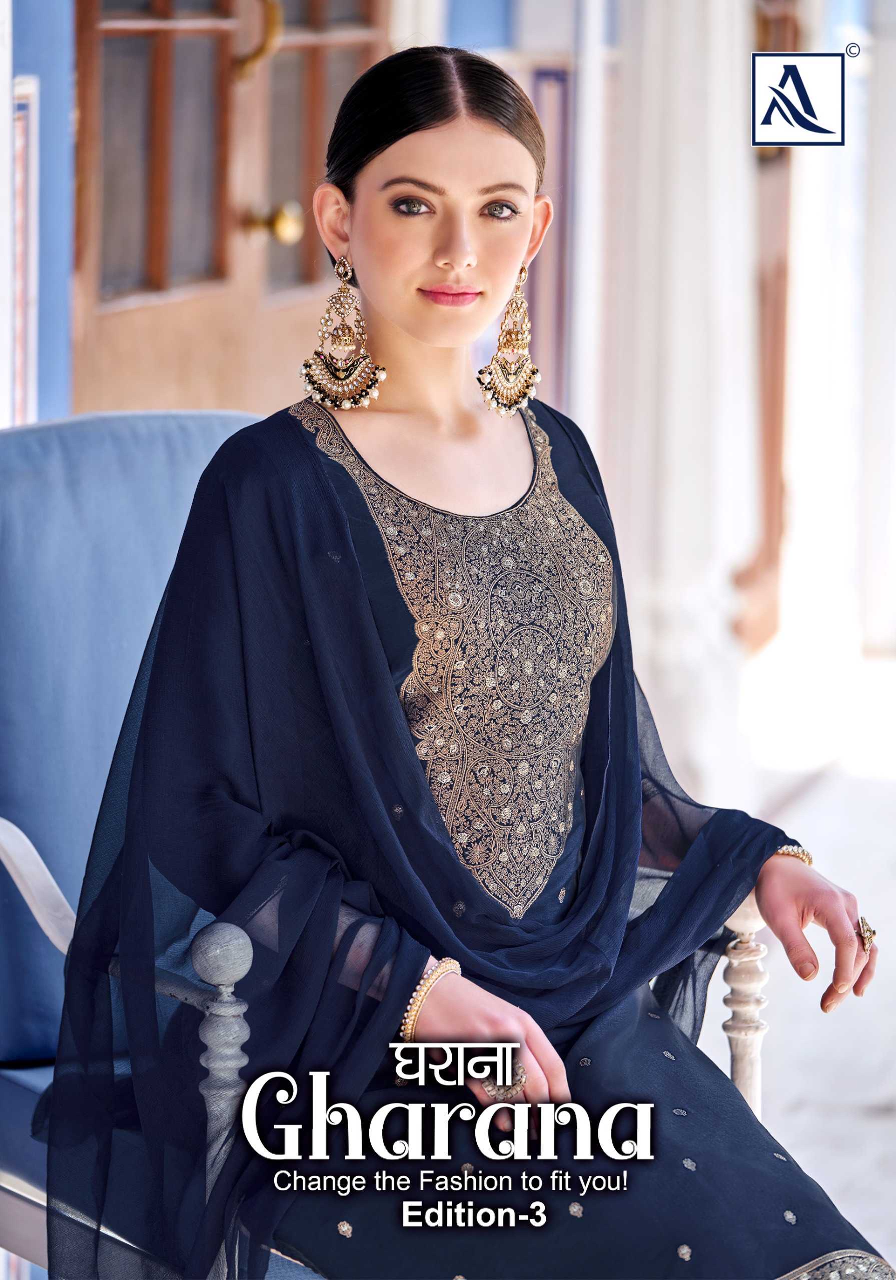 alok suit gharana vol 3 designer traditional wear elegnat work dress material
