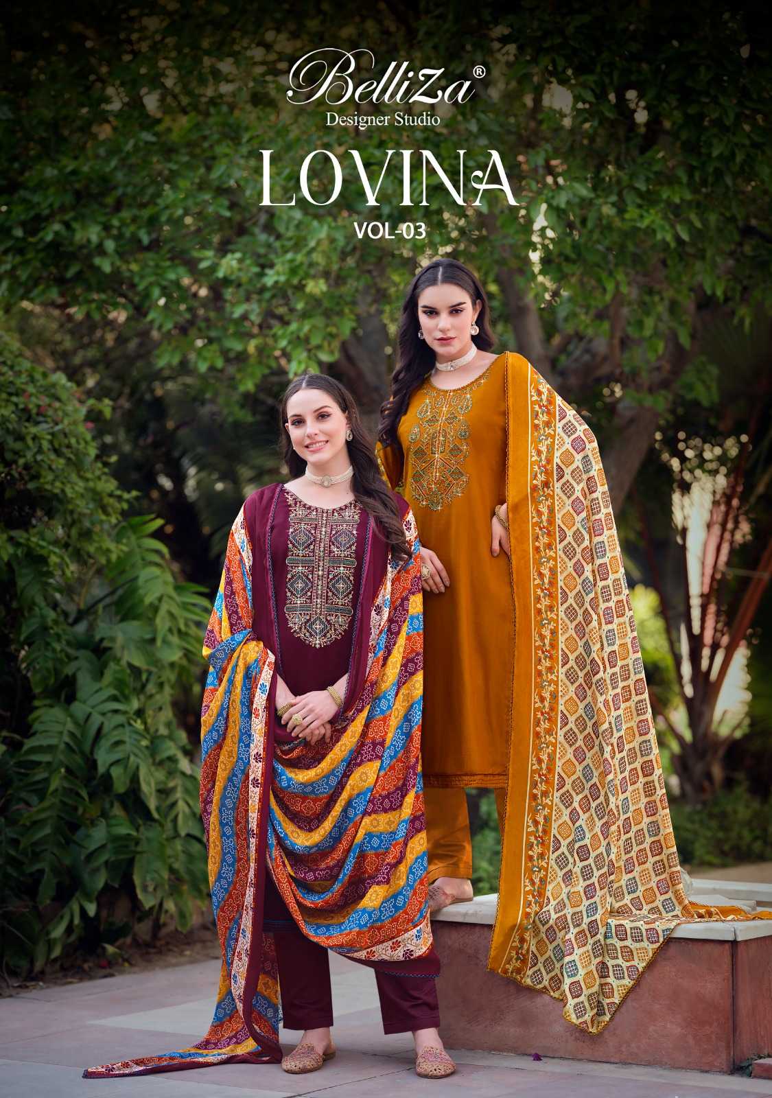 belliza designer lovina vol 3 ethnic style bandhej digital print salwar kameez 