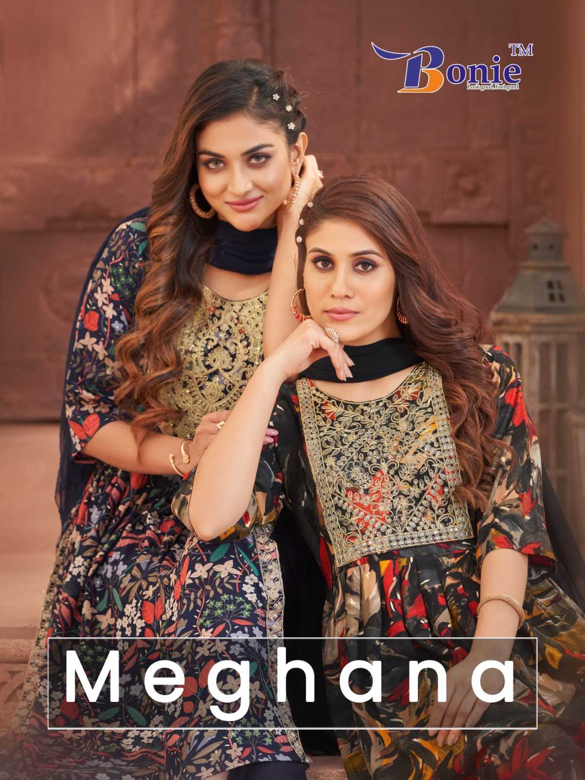 bonie present meghana fancy amazing work nayra cut kurti with pant and dupatta catalog