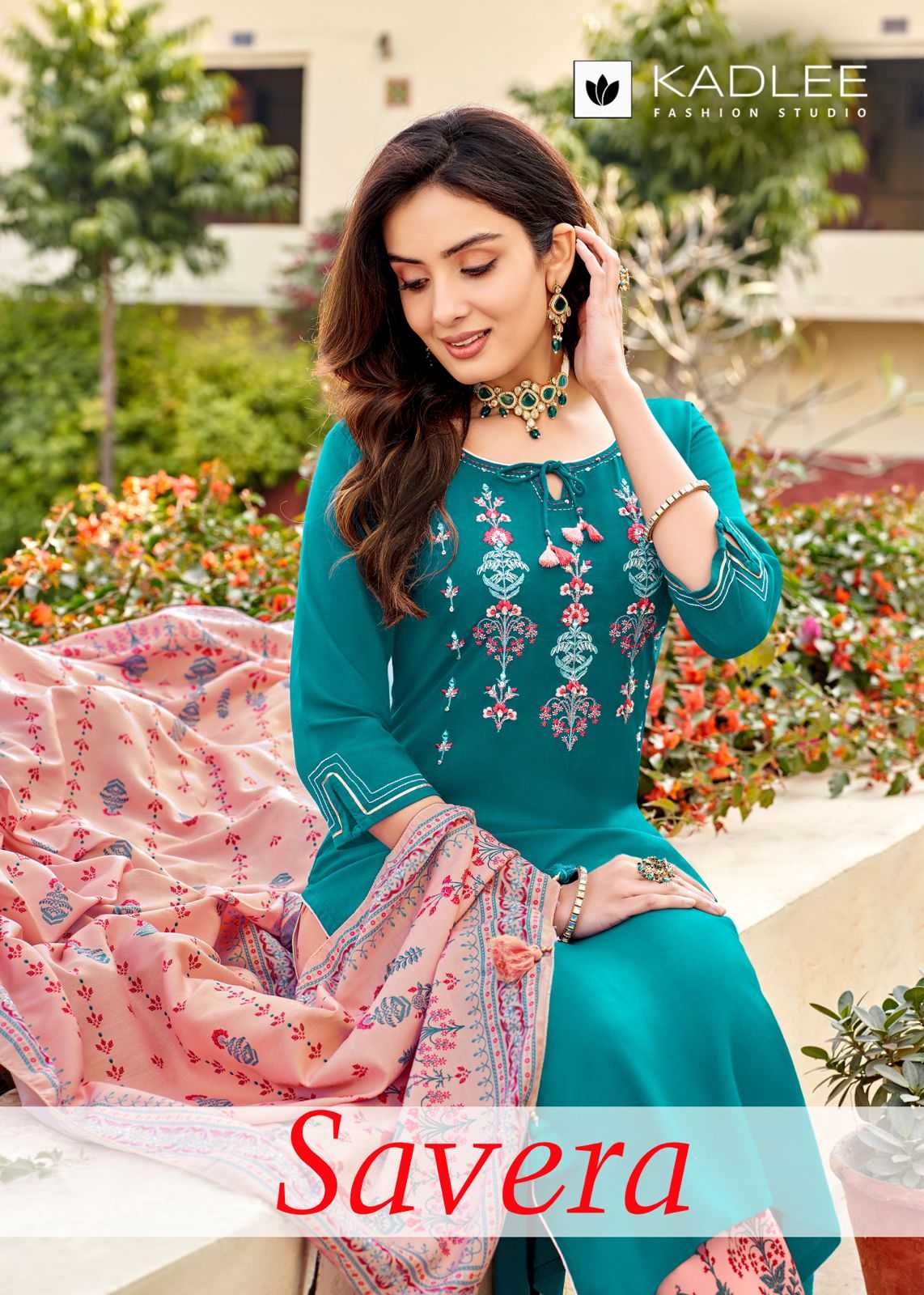 kadlee present savera fancy handwork fullstitch kurti with plazoo and muslin digital dupatta catalog