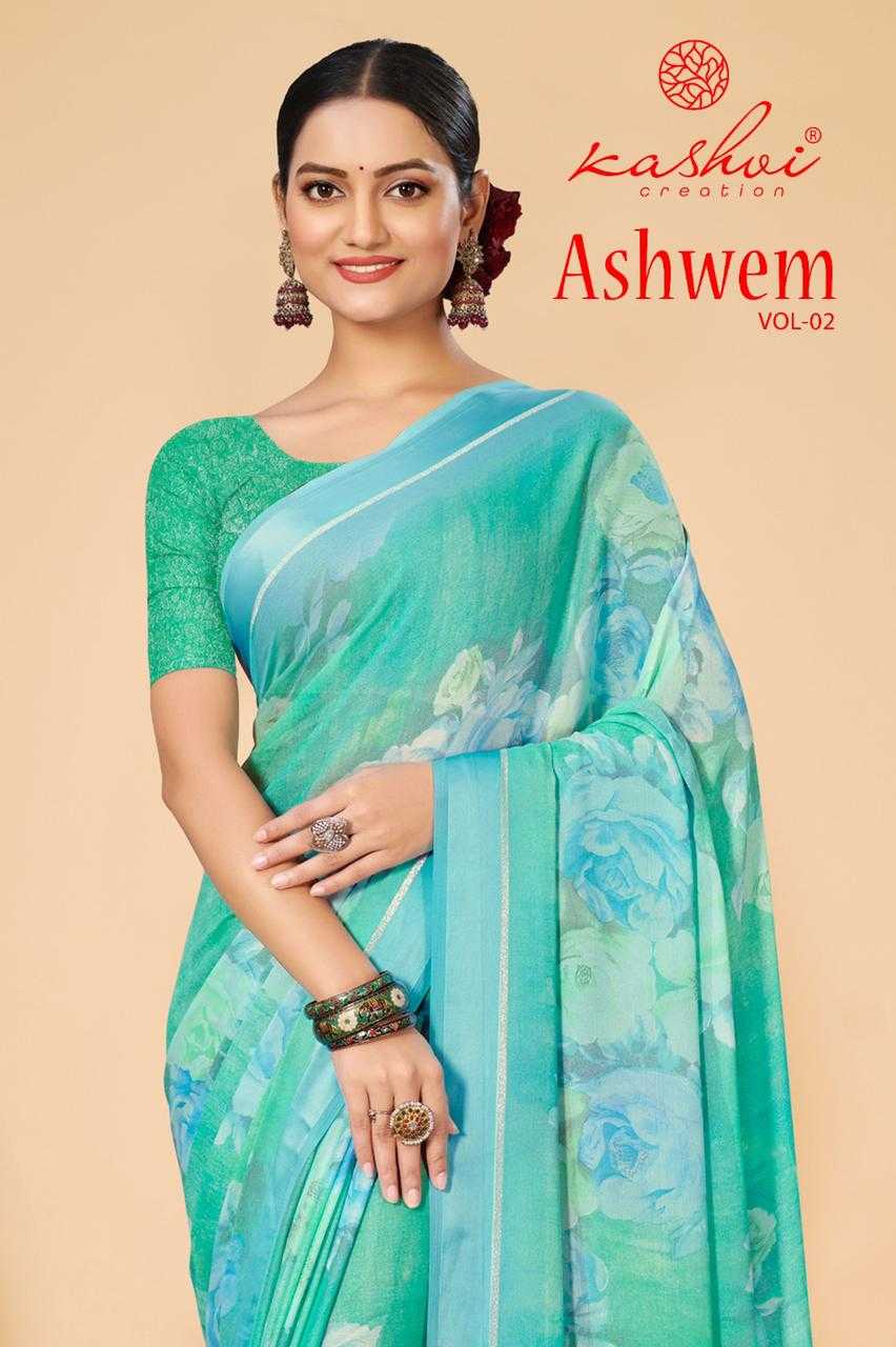 kashvi creation ashwem vol 2 comfy wear dull moss with satin print border sarees