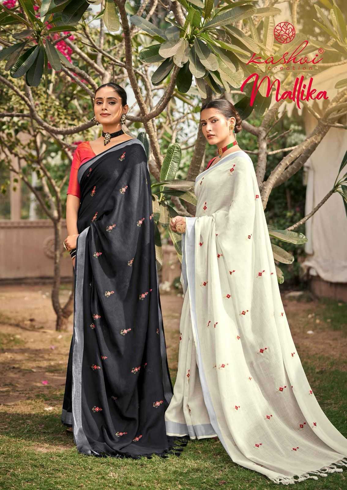 kashvi creation malika linen embroidery work sarees