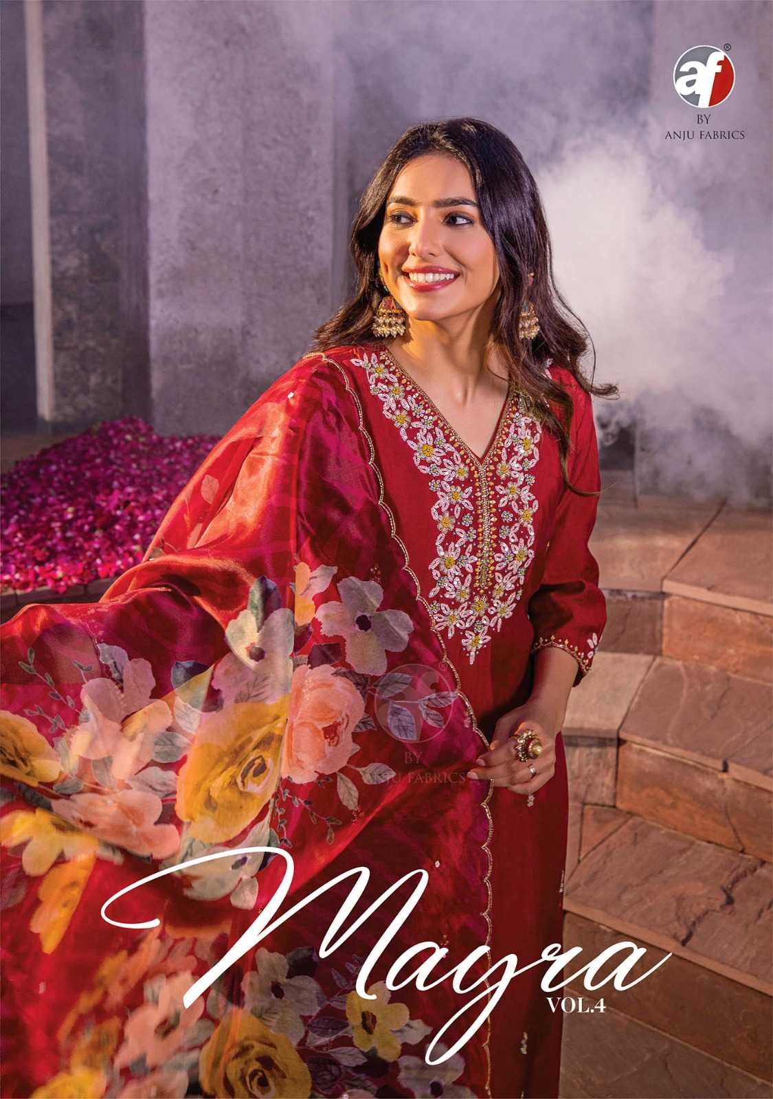 mayra vol 4 by anju fab festive wear amazing kurti with pant and organza dupatta catalog