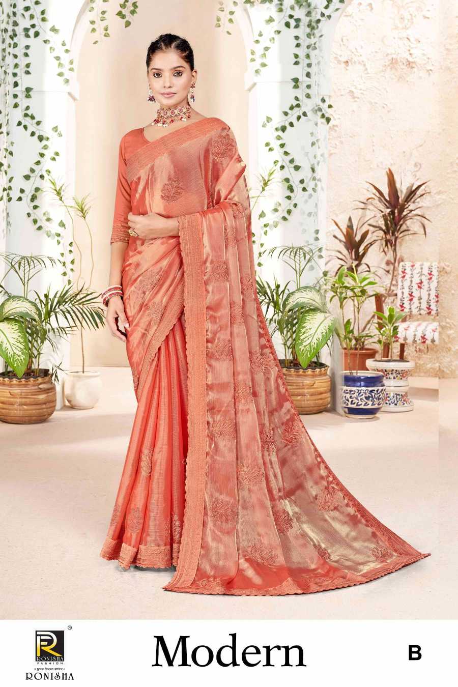 MODERN  BY RANJNA SAREE  FANCY FABRICS SIROSKI WORK FANCY EMBROIDERY BORDER SUPER HIT COLLECTION SAREES