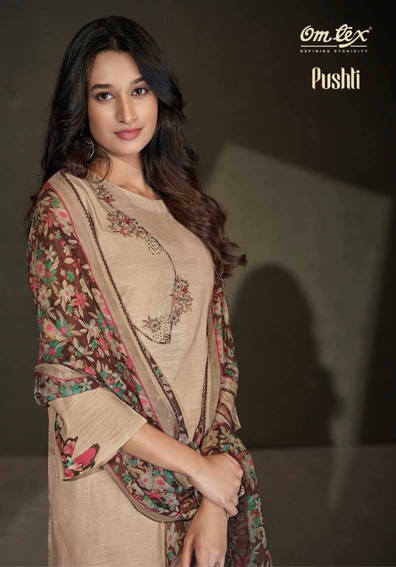 omtex pushti fancy muslin linen digital print with embroidery work dress material