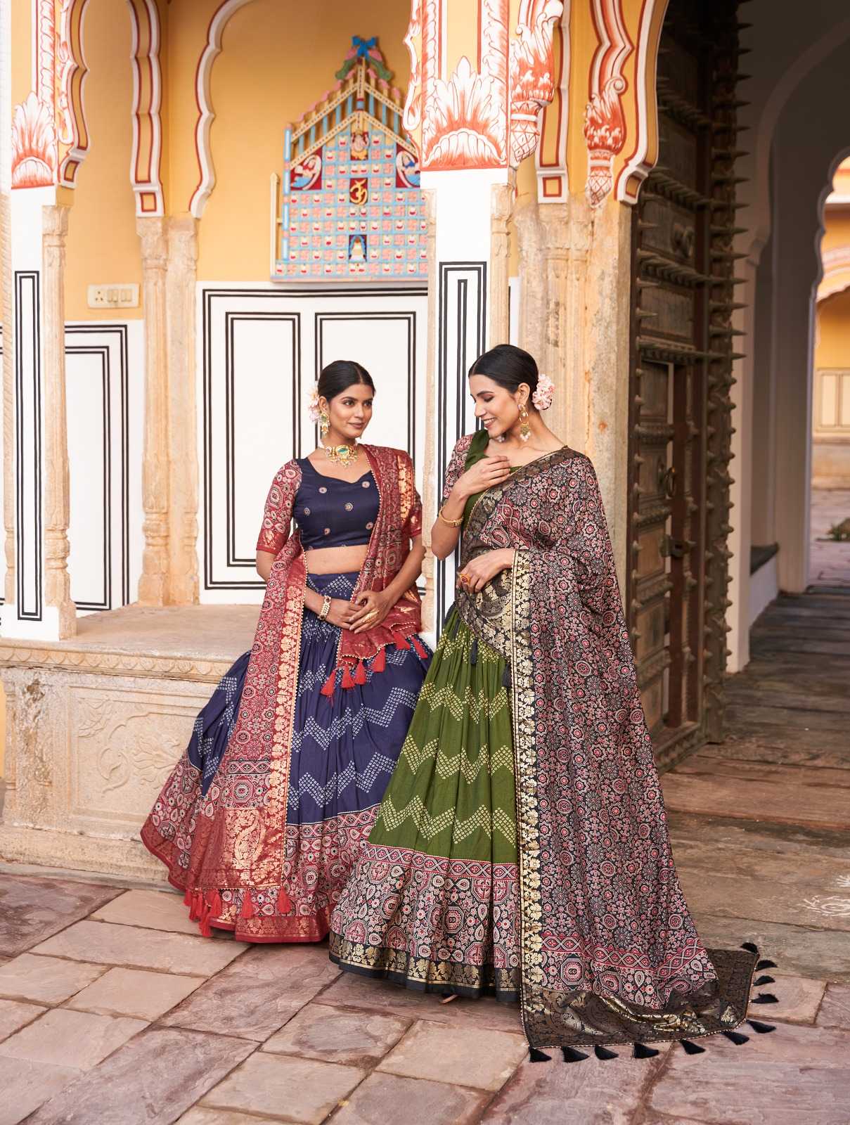 pr lnb1614 function wear ajarakh work stitched lehenga with unstitch blouse dupatta 