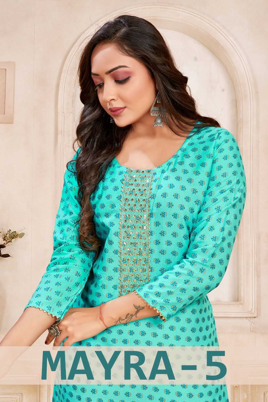 pr mayra vol 5 stitched gold print straight kurti in plus sizes