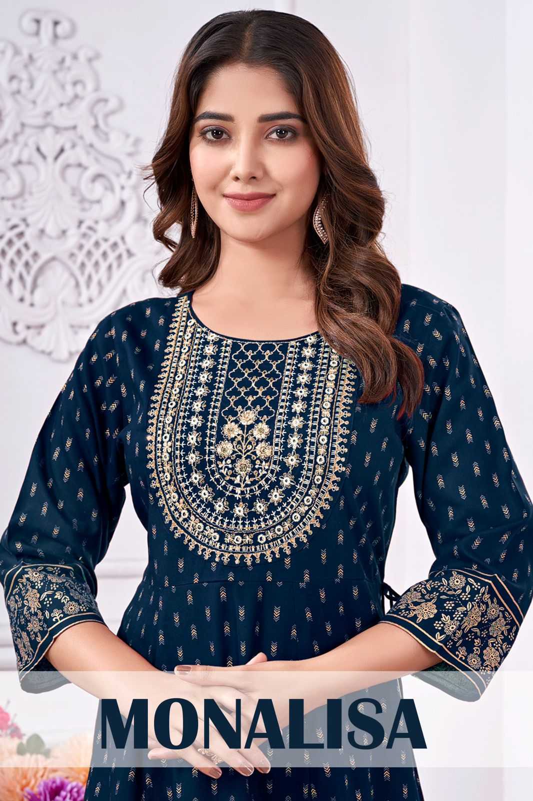 pr monalisa stitched long gold print kurti in plus sizes