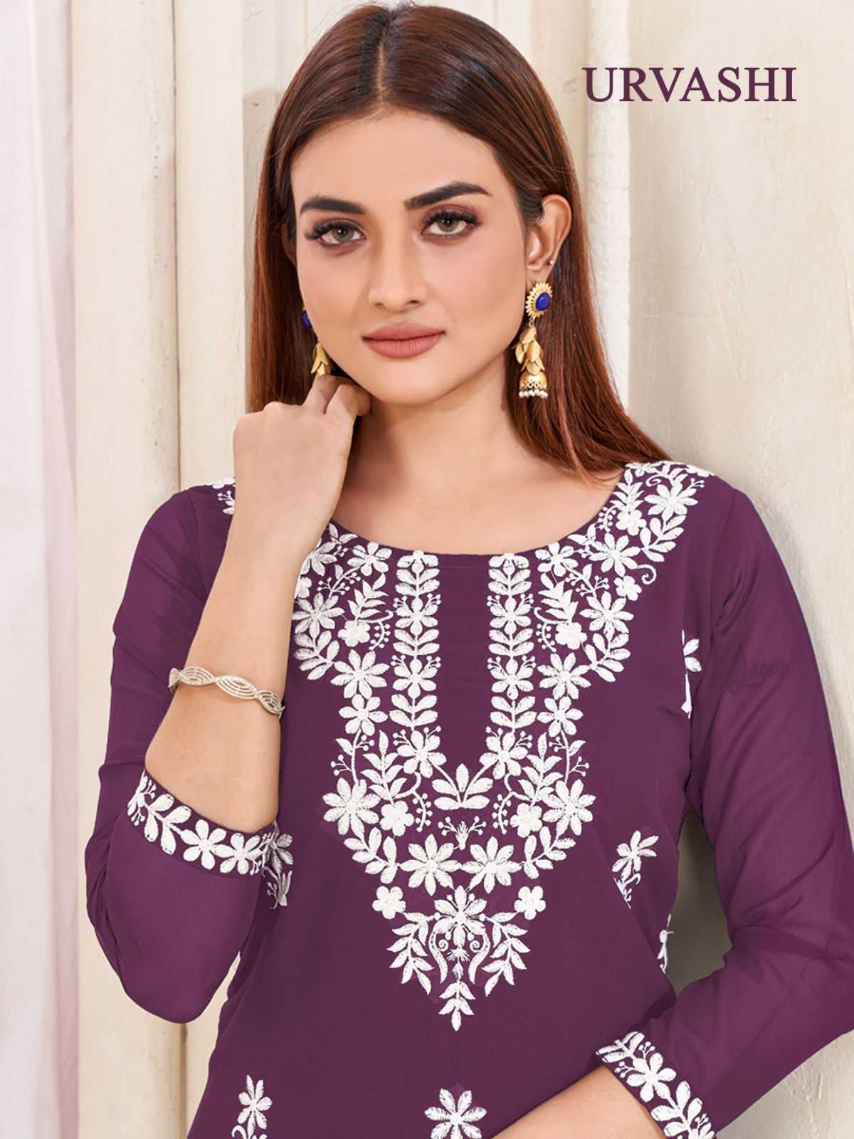 pr urvashi nx stitch georgette white embroidery kurti collection