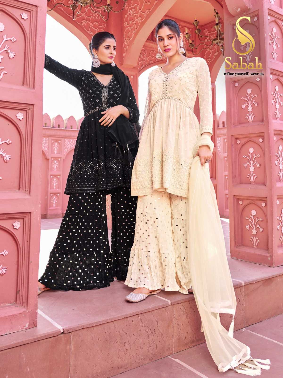 sabah black white 1029-1030 fullstitch embroidery work kurti bottom dupatta