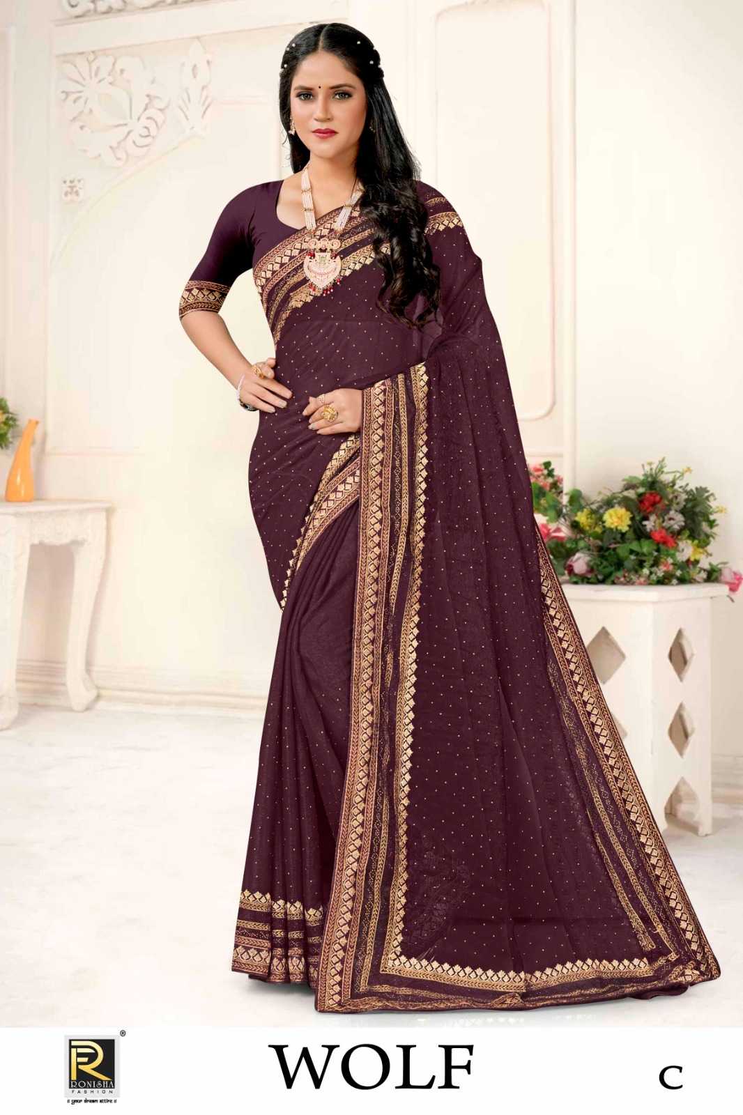 WOLF BY RANJNA SAREE  FABRICS 60.GM JARKHAN WORK FANCY EMBROIDERY BORDER SUPER HIT COLLECTION SAREES