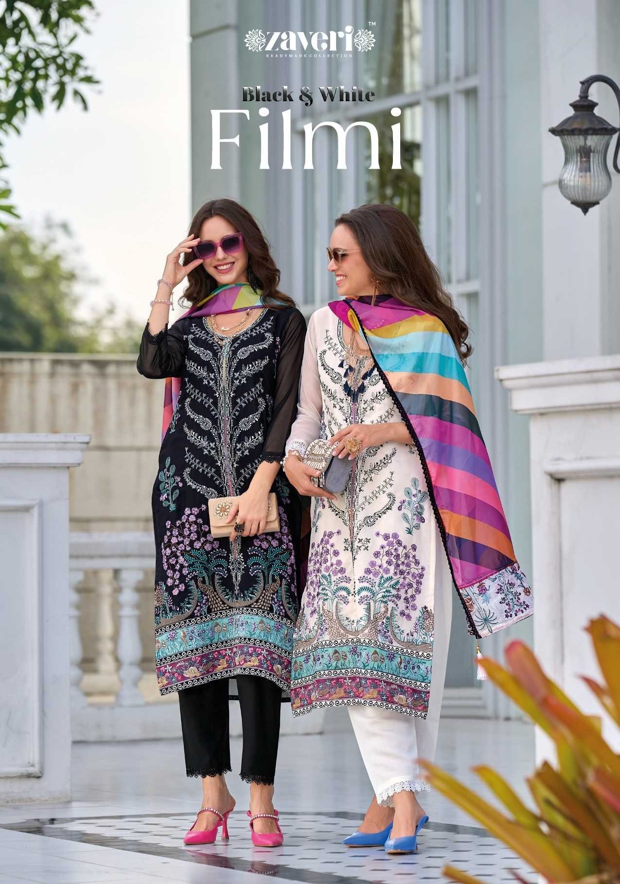 zaveri black white filmi fullstitch pakistani embroidery work salwar kameez