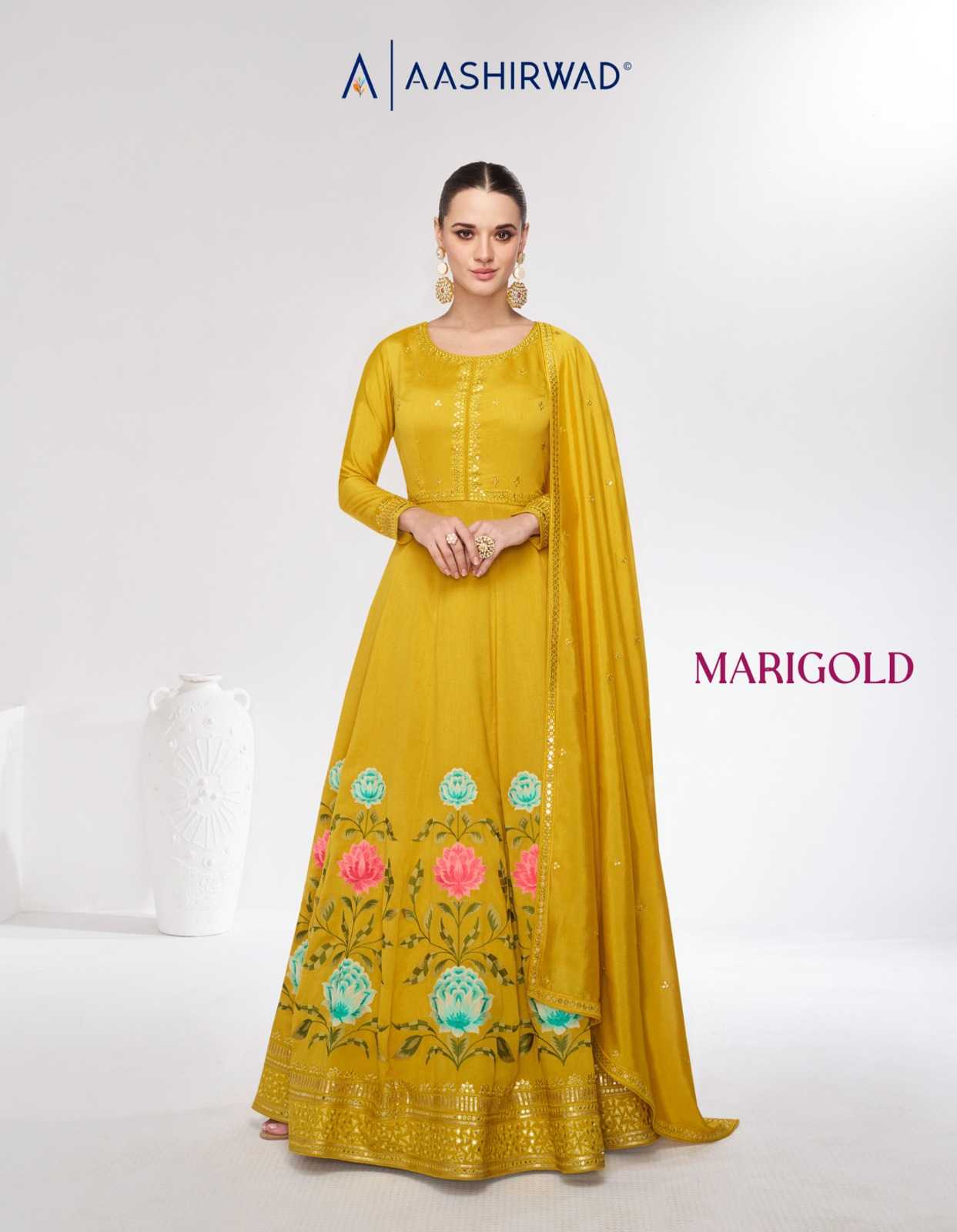 aashirwad creation marigold 9978-9979 designer readymade long gown with dupatta