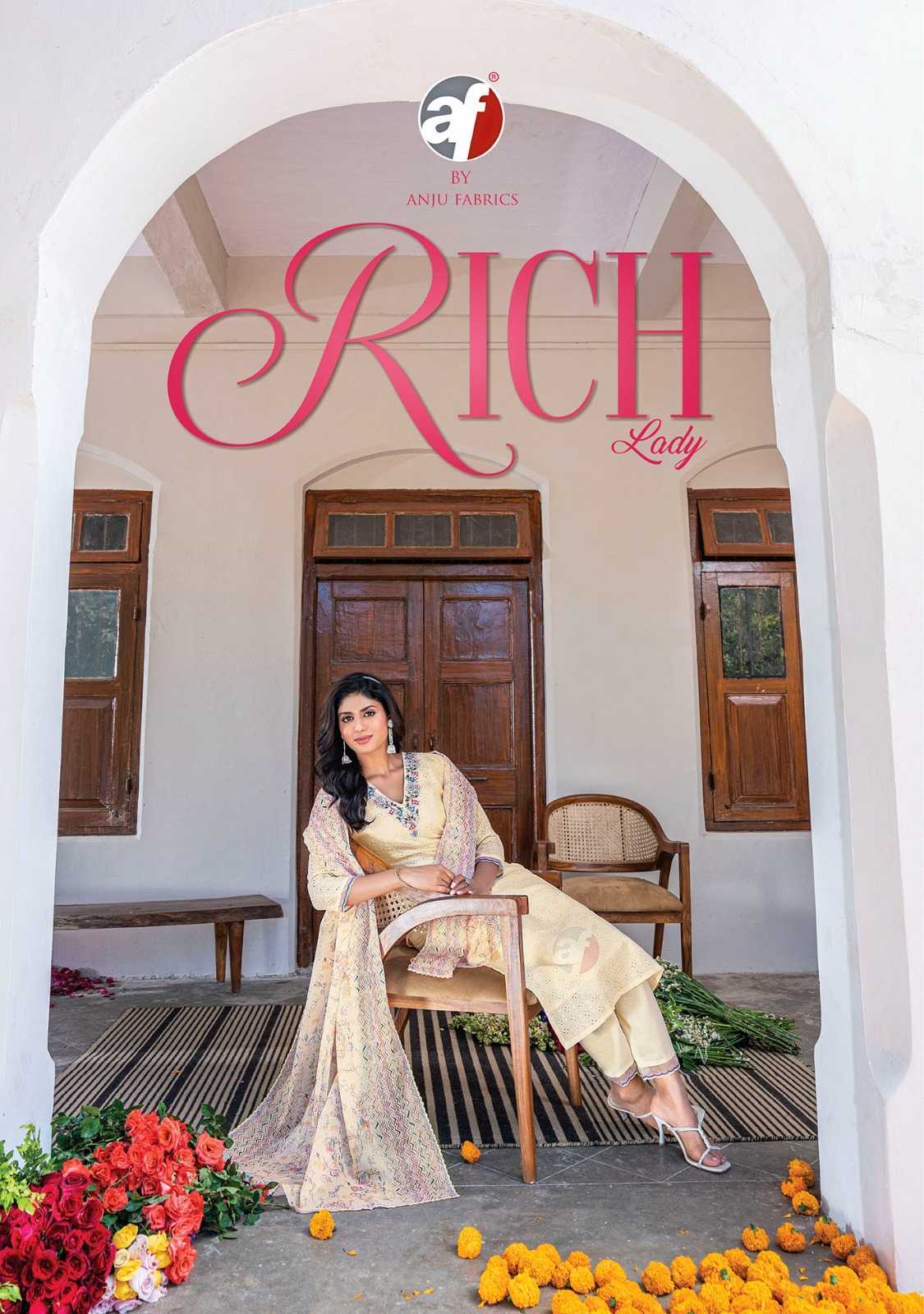 anju fab rich lady designer readymade occasion wear schiffli work top pant with digital print dupatta