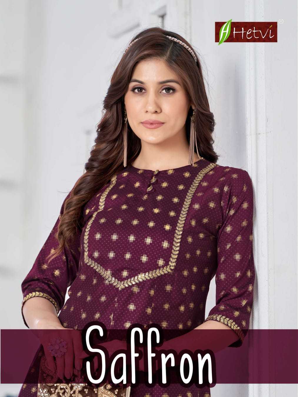hetvi saffron stitched fancy printed long kurti