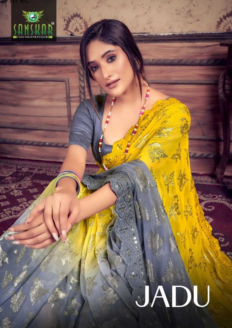 jadu by sanskar georgette weaving pettern sequence mirror embroidery work saree supplier