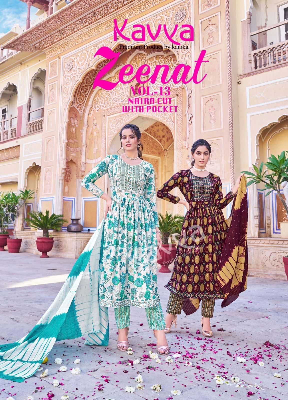 kavya zeenat 13 nayra cut printed readymade kurti pant dupatta 