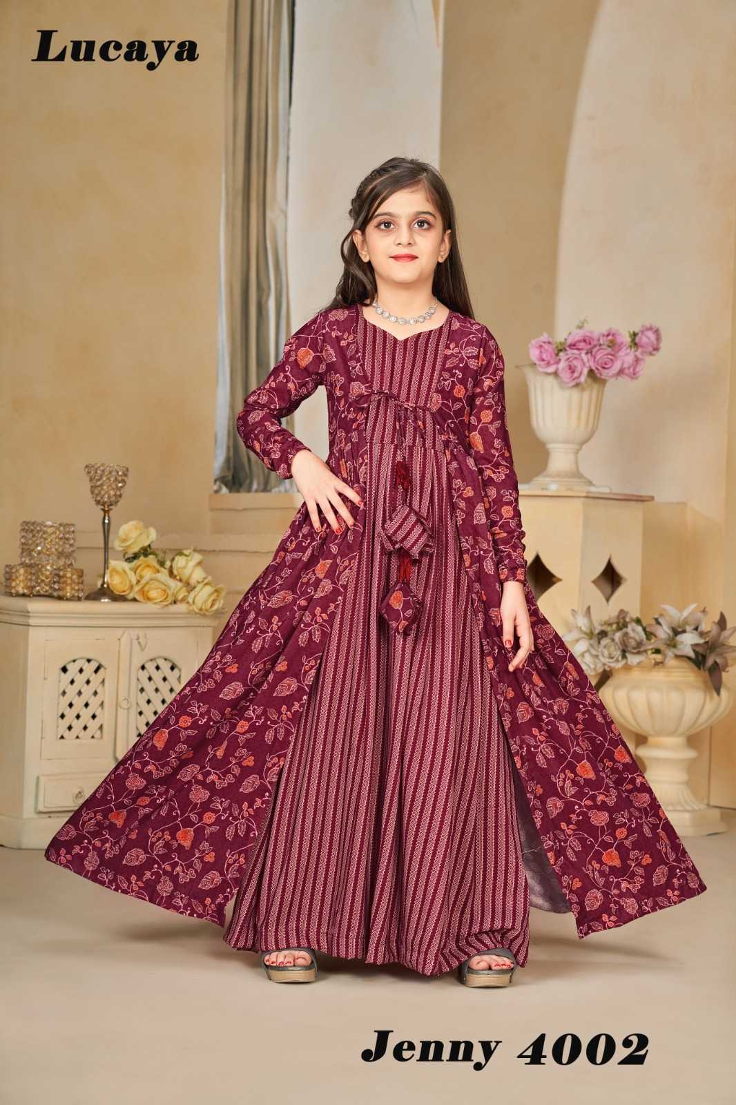 pr lucaya jenny vol 4 readymade occasion wear indo western long gown kids collection