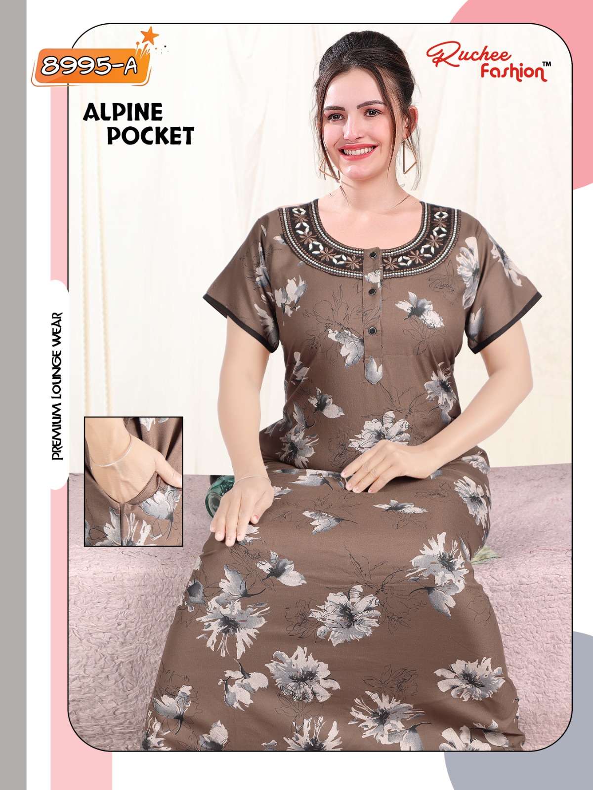 ruchee fashion alpine pocket embroidery 8995 daily wear nighty gown 