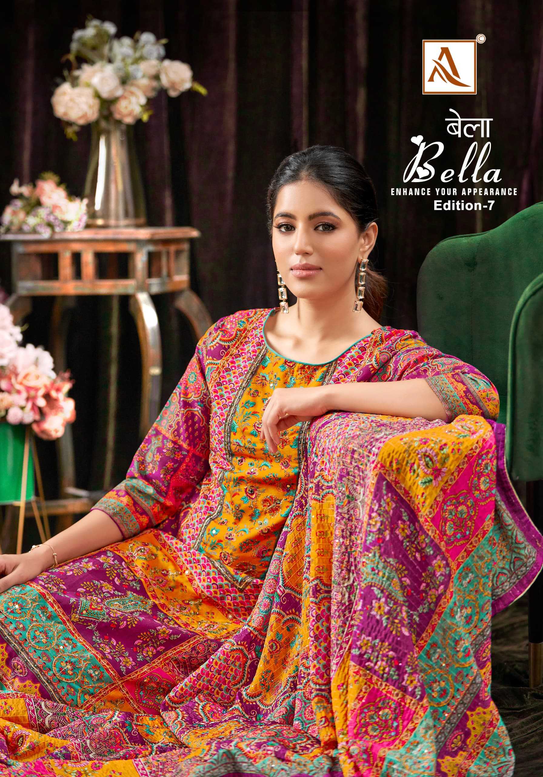 alok suit bella vol 7 simple maslin pakistani style salwar kameez