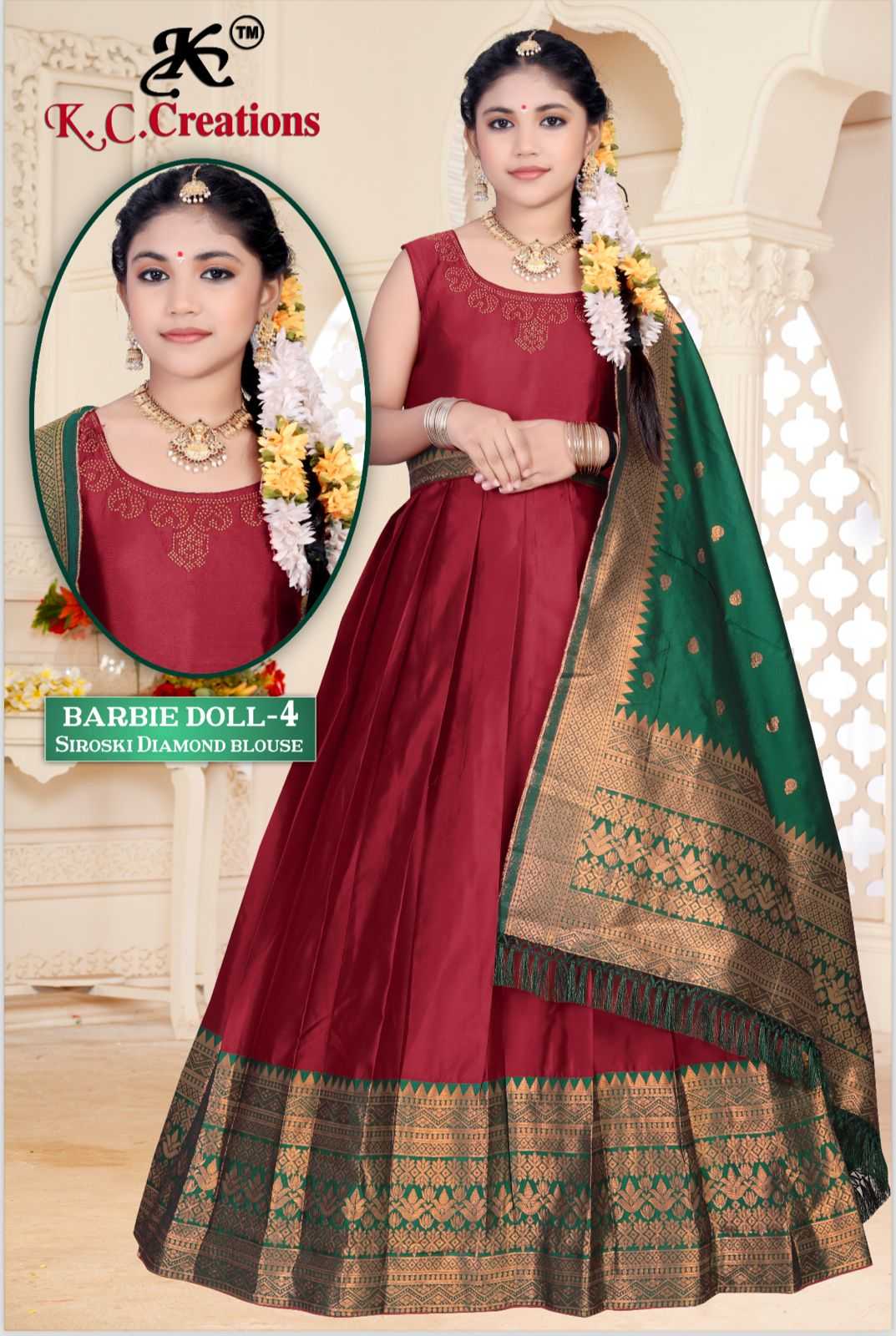 k c creation barbie doll 4 siroski festival wear pattu readymade kids laehenga