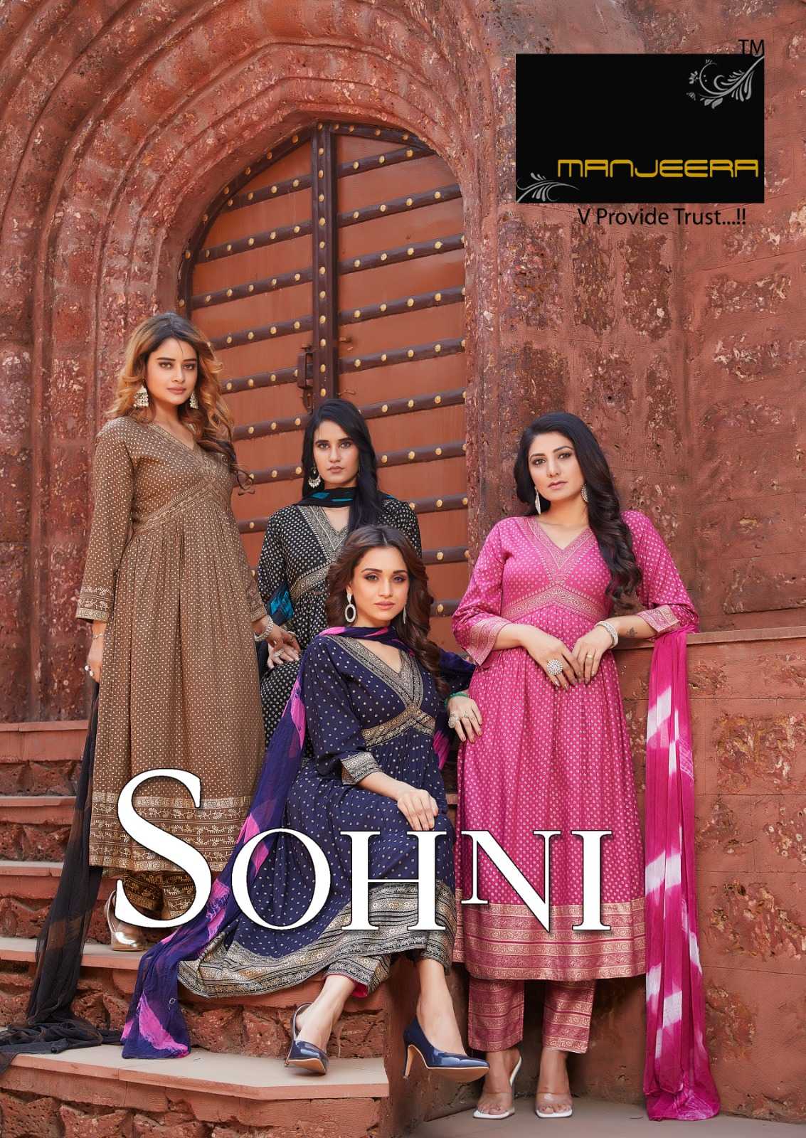 manjeera sohni stylish alia cut rayon full stitch top bottom dupatta catalog