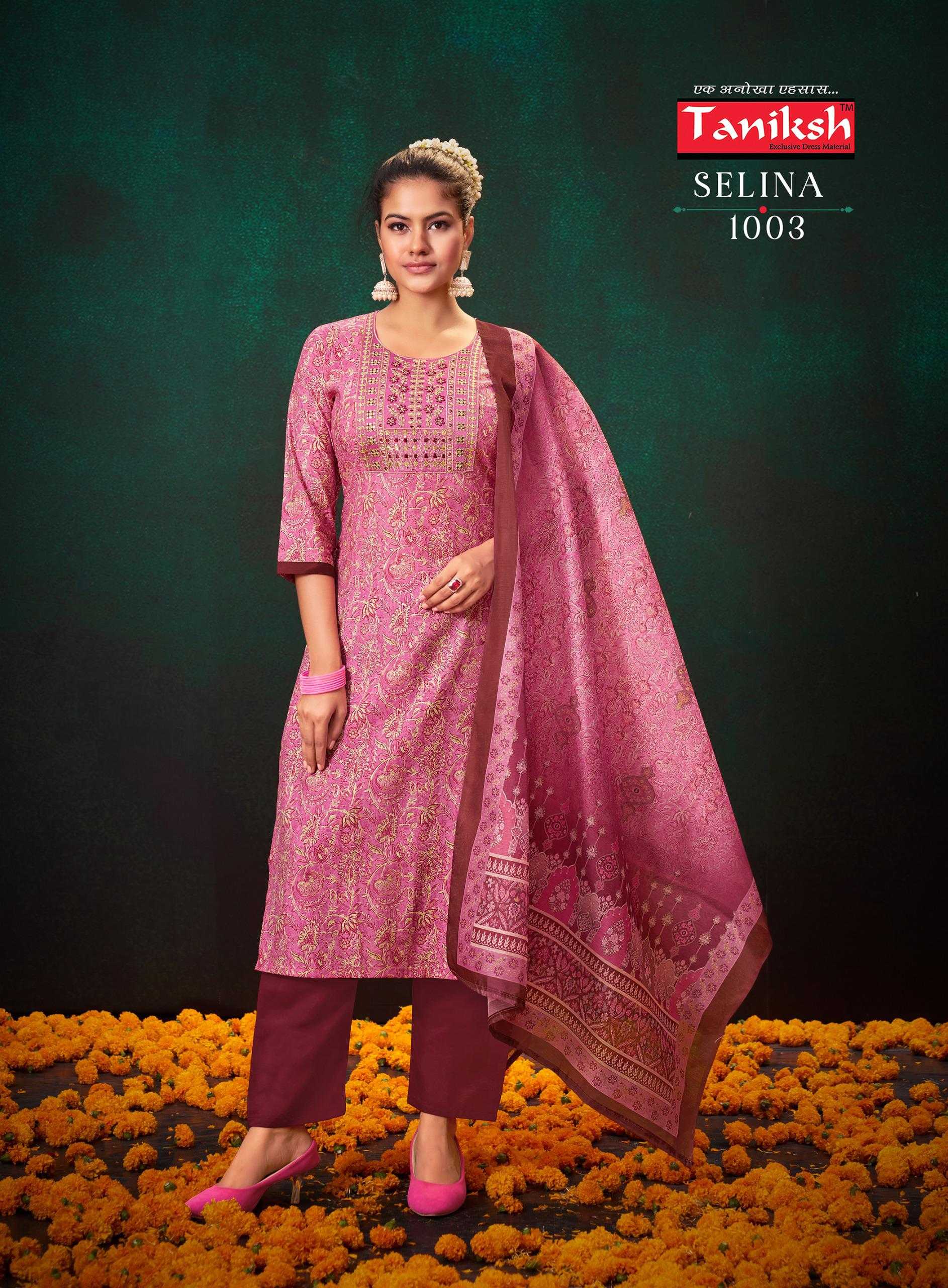 selina vol 1 by taniksh readymade stylish design muslin print big size top pant with dupatta