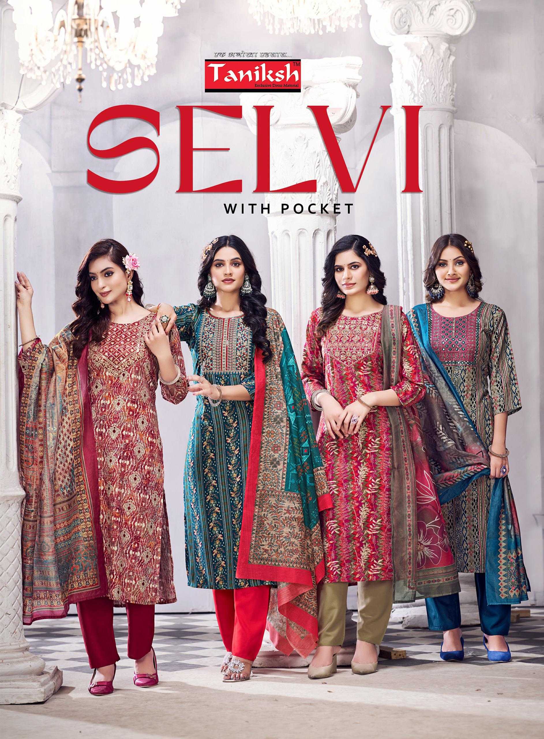 taniksh selvi vol 1 stylish rayon foil print with hand work readymade salwar suit 