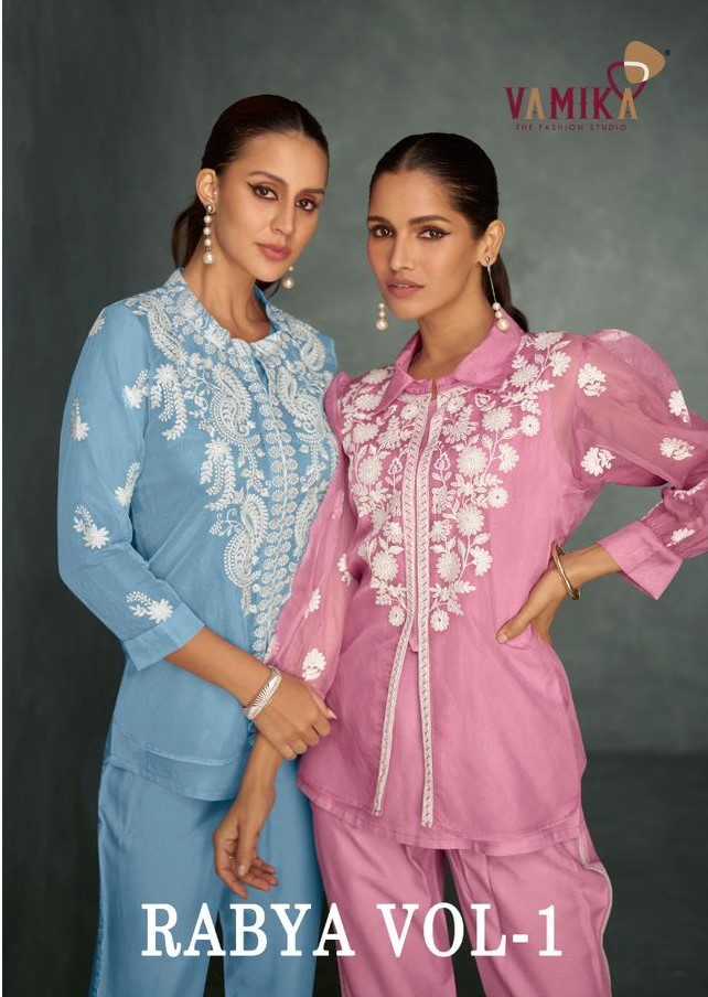 vamika rabya vol 1 stylish outfit heavy organza white work full stitch co-ord set