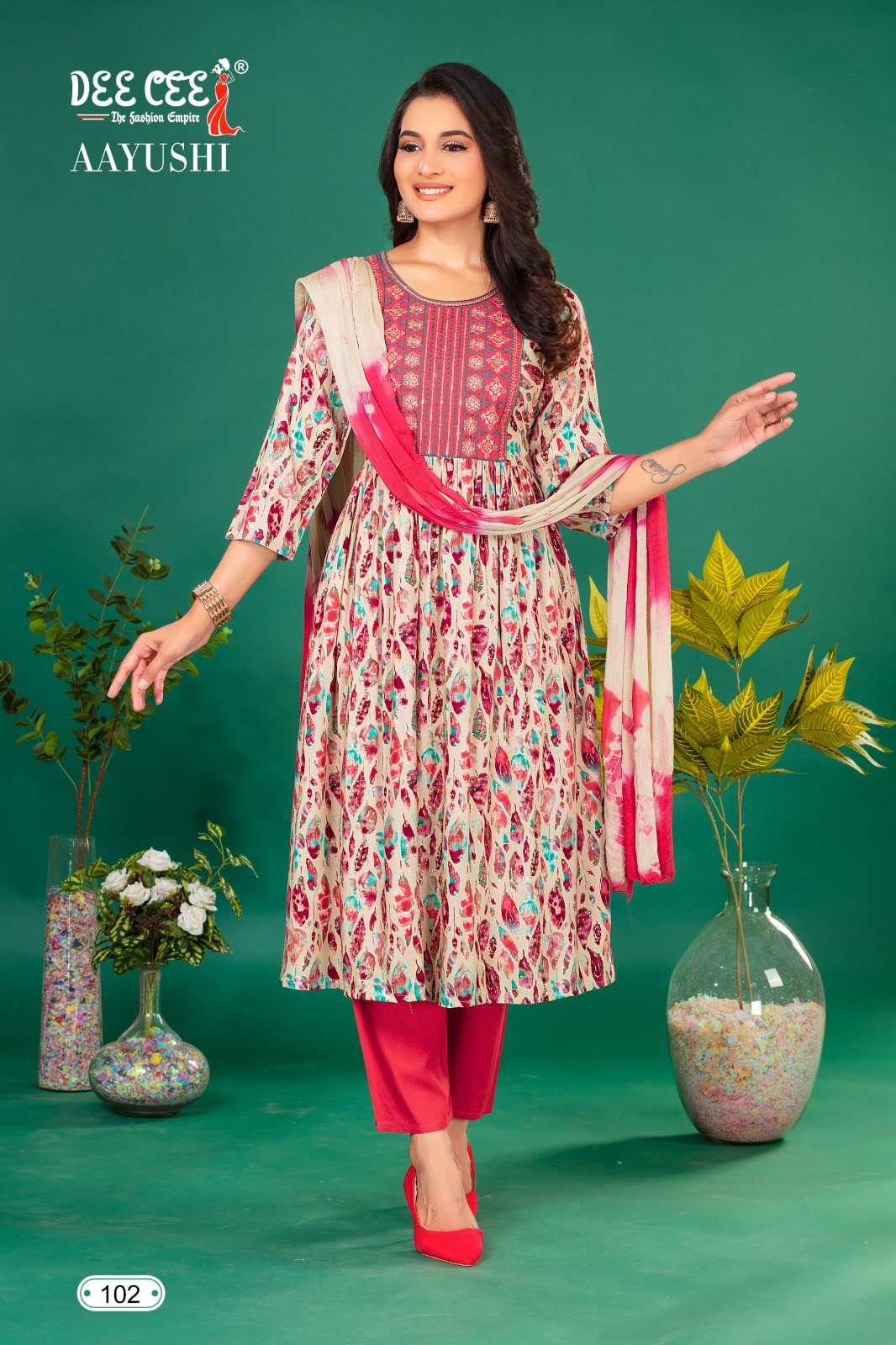 aayushi by deecee fancy rayon foil print sequence work stylish look fully stitch 3pcs dress