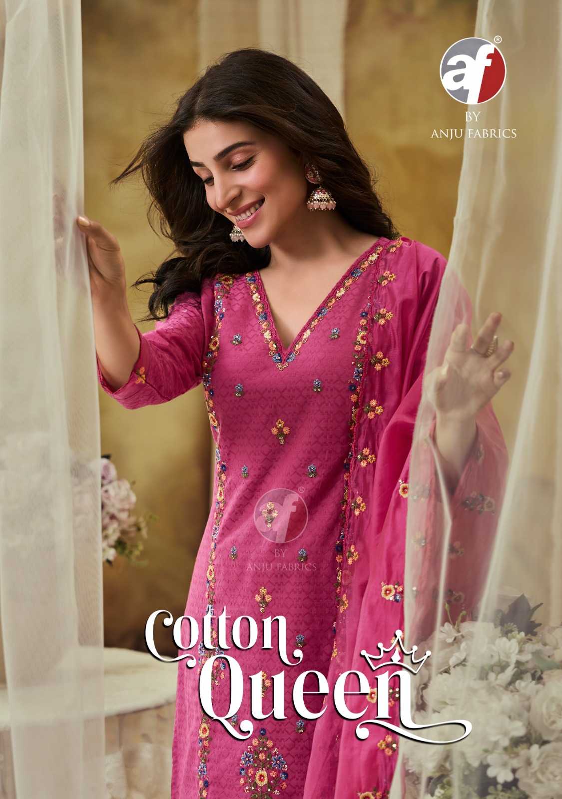 anju fab launch cotton queen heavy embroidery exclusive design full stitch big size 3pcs dress