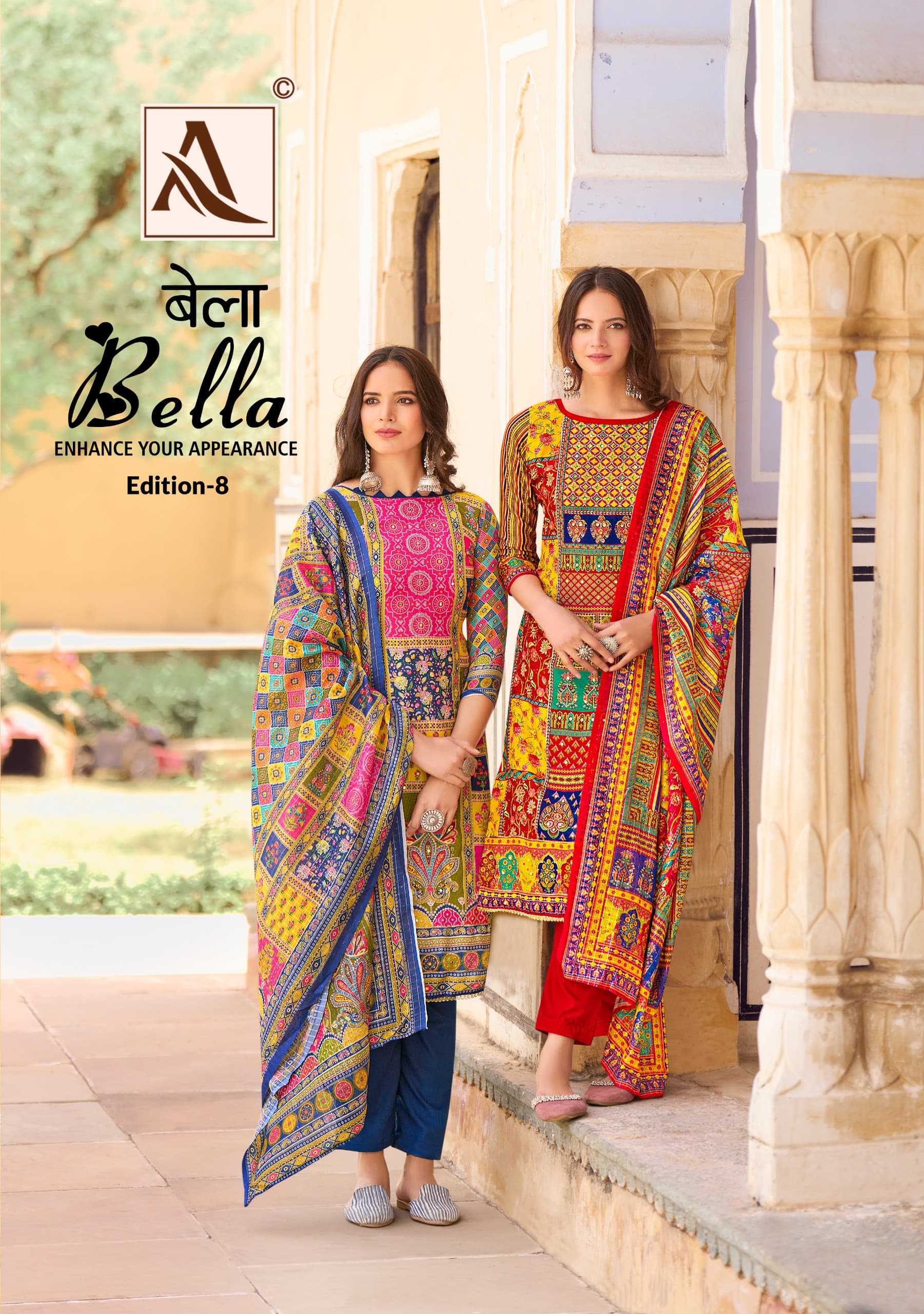 bella vol 8 by alok elegant look muslin digital print mirror work pakistani 3pcs dress 