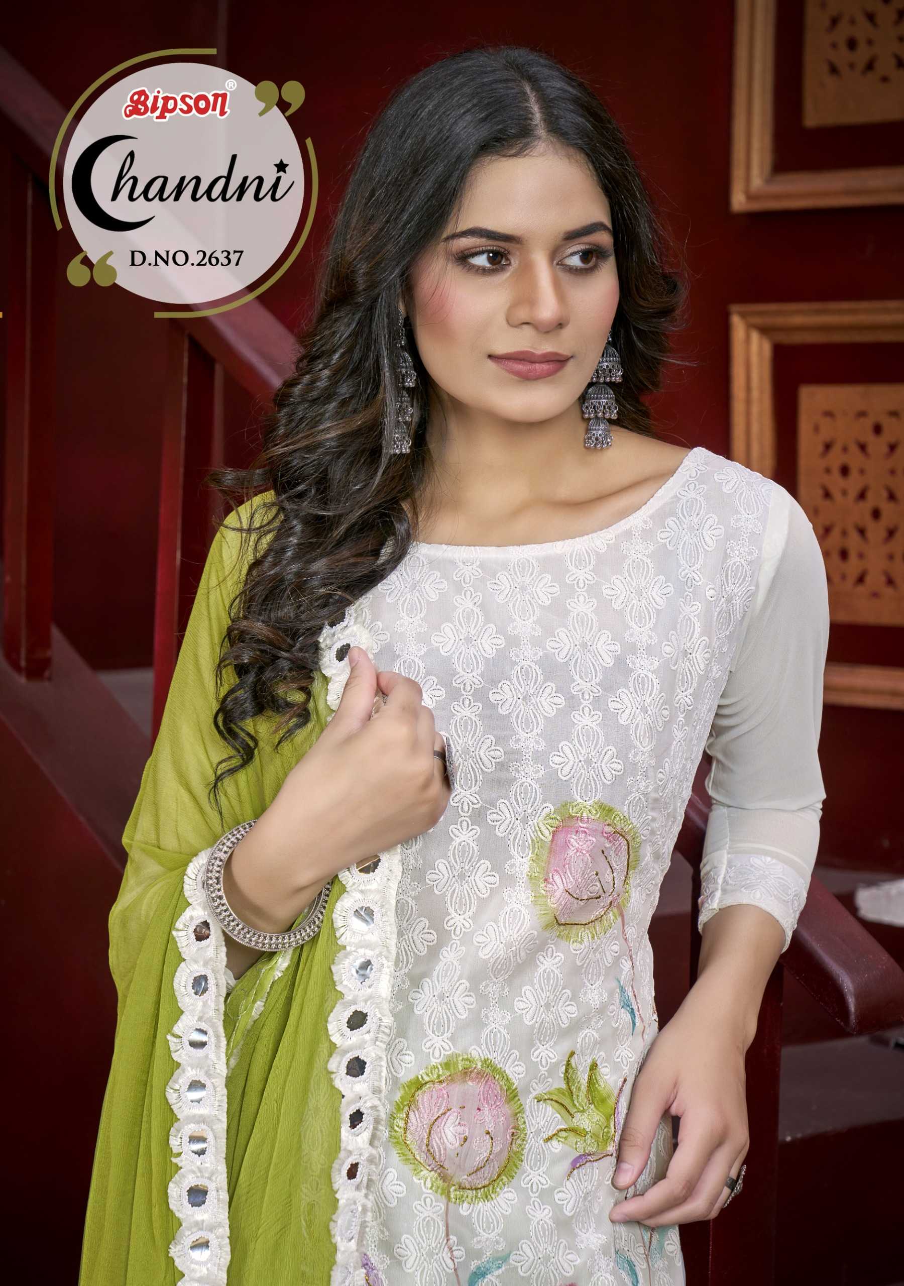 chandni 2637 by bipson prints schiffli work fashionable design kurti pant dupatta material