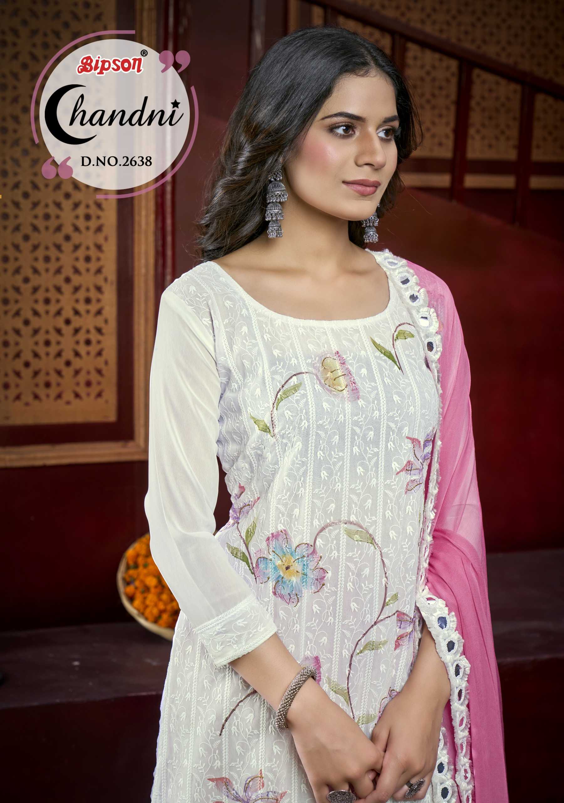 chandni 2638 by bipson prints schiffli work exclusive design kurti pant dupatta material