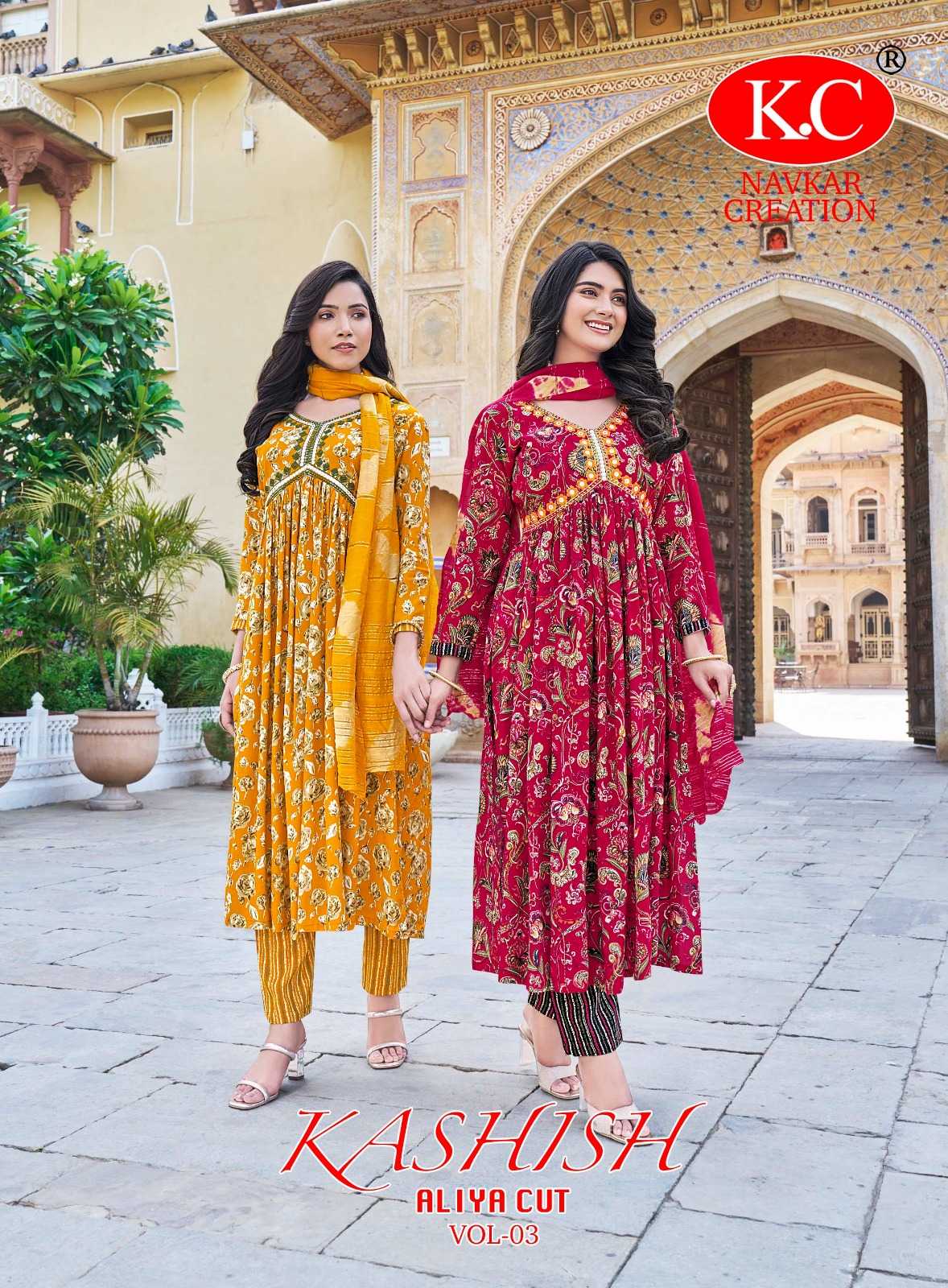 kashish vol 3 by navkar creation occasion wear rayon foil print fully stitch big size top pant dupatta 