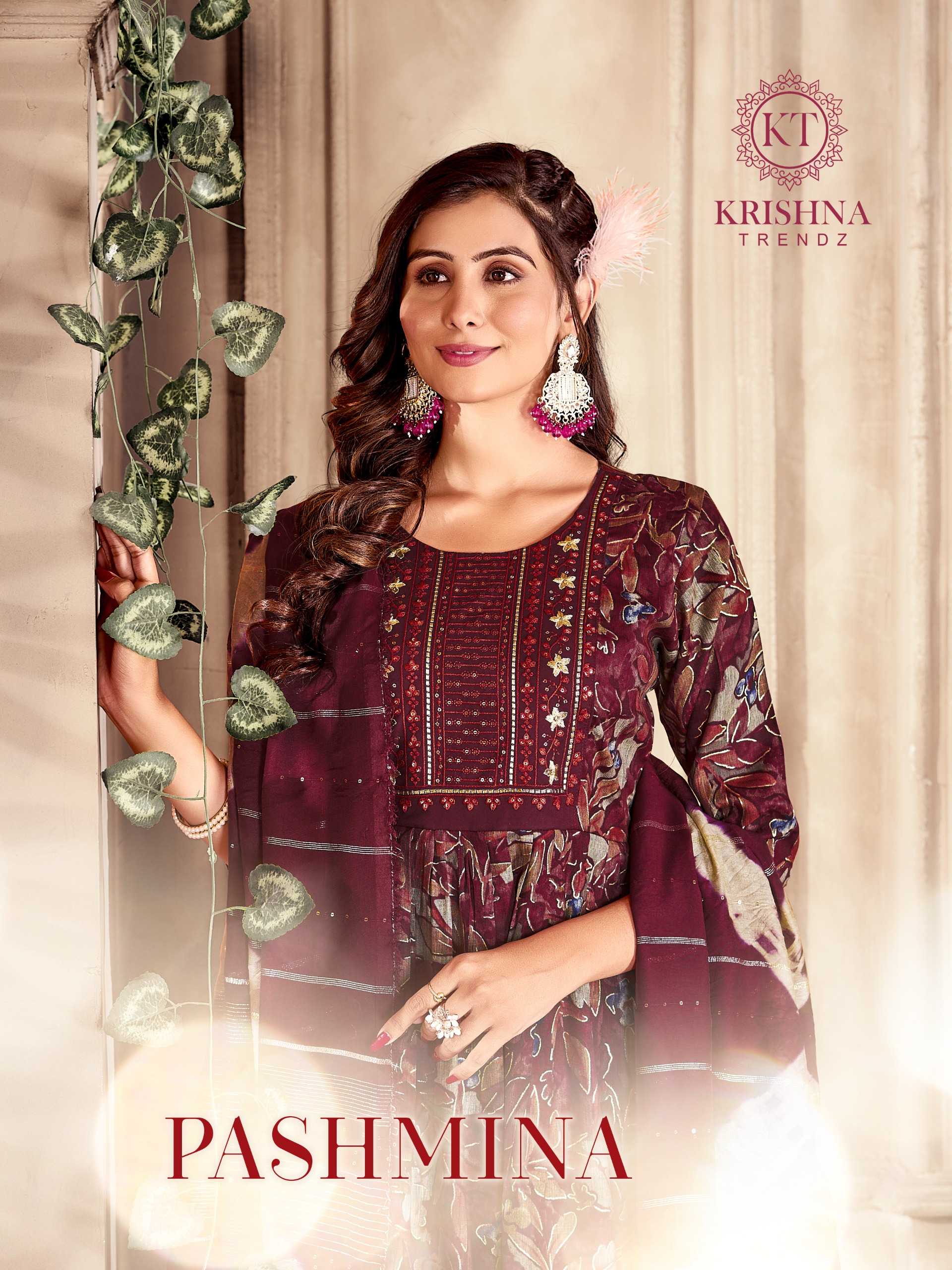 krishna trends presents pashmina vol 1 elegance look capsule print full stitch 3pcs dress 