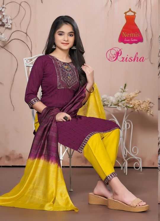 nemis presents prisha vol 1 casual wear rayon print amazing work readymade salwar suit 