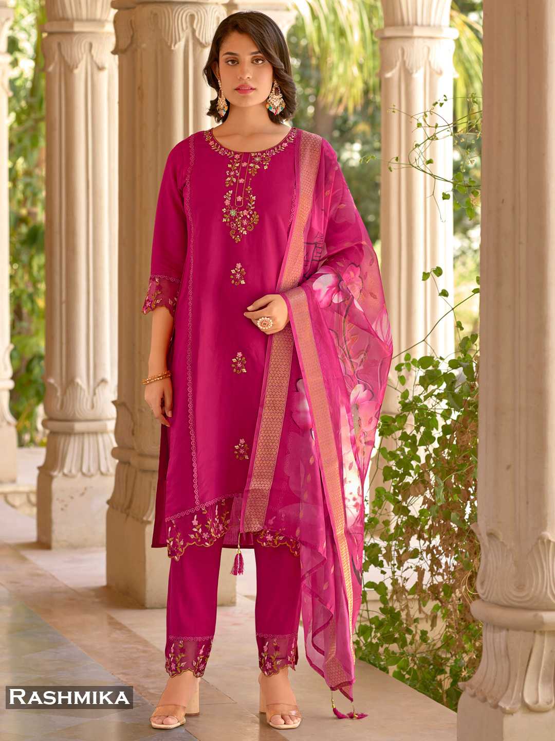 pr rashmika  full stitch a line roman silk premium modern pakistani kurti pant with dupatta 